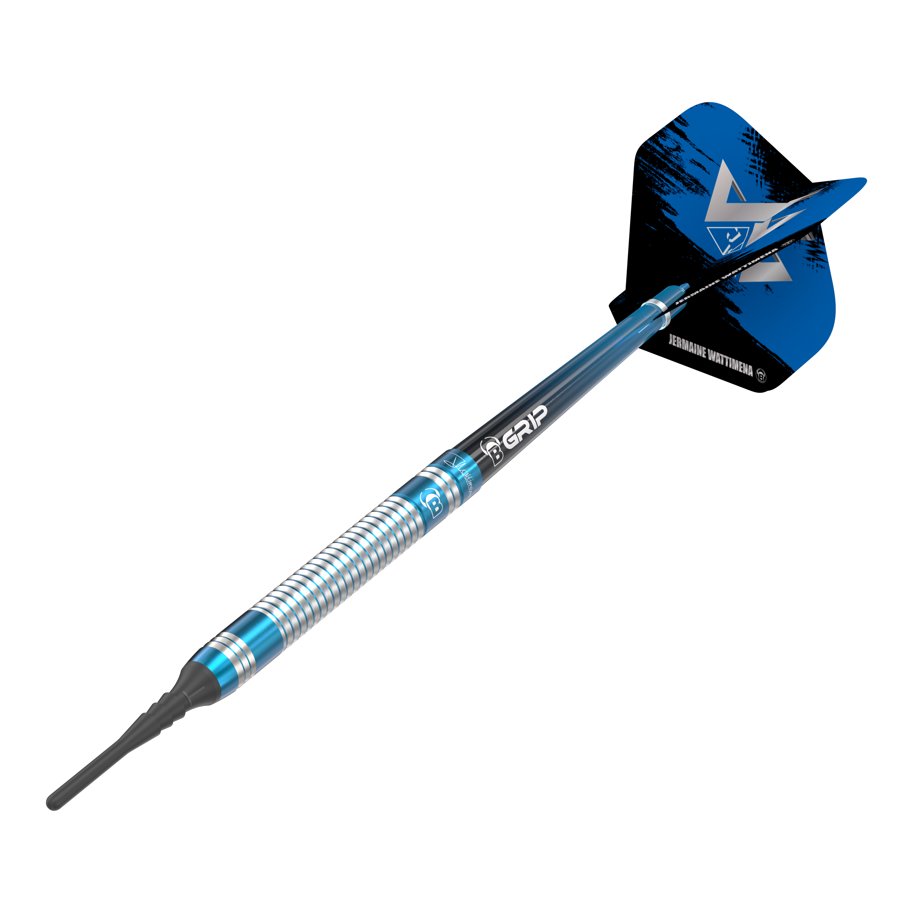 Bulls Jermaine Wattimena Generation 3 Softdarts - 20g Das Bild zeigt einen Bulls Jermaine Wattimena Generation 3 Softdart mit einem Gewicht von 20g. Der Dart hat ein silbernes und blaues Design mit schwarzem Flight.
