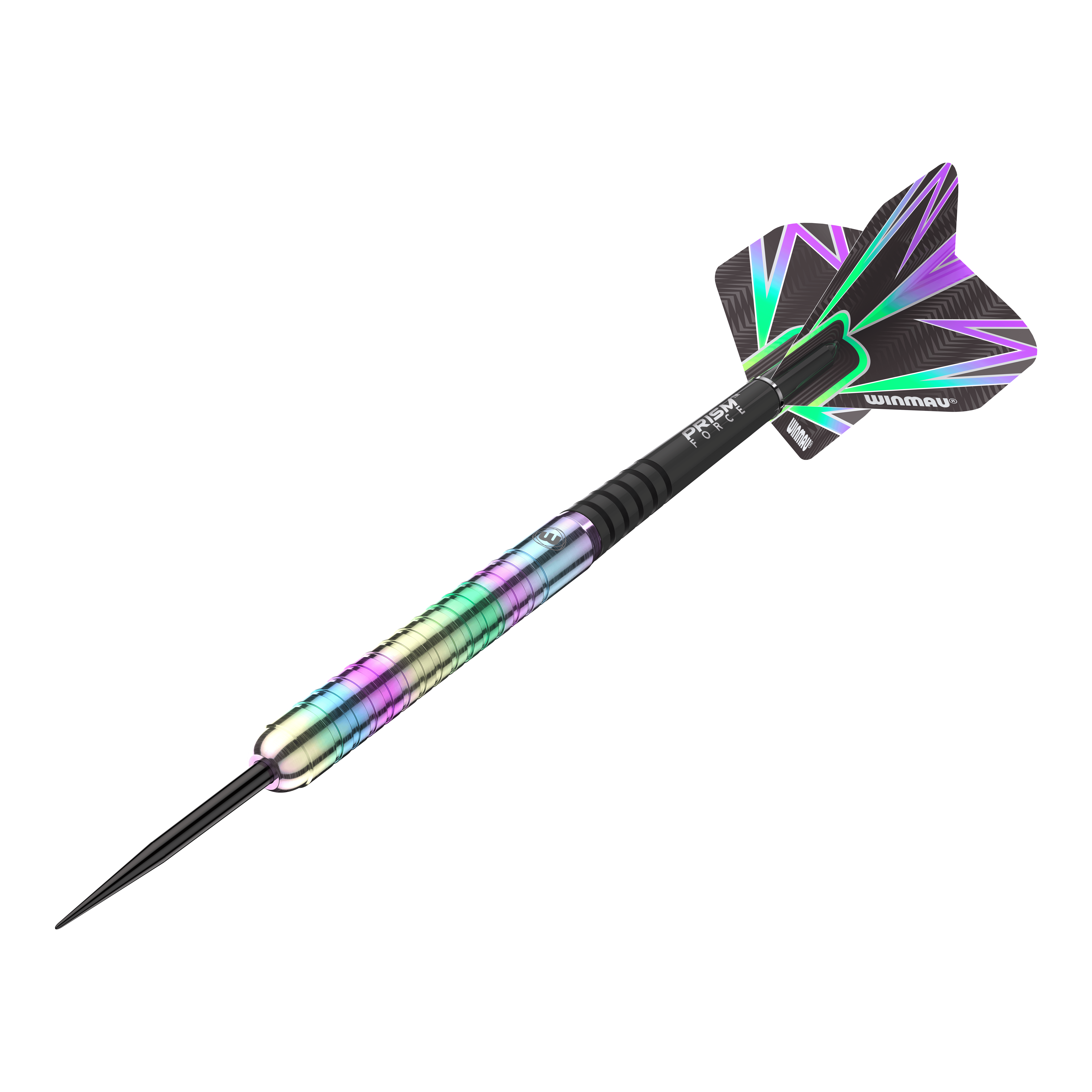 Ocelové šipky Winmau Foxfire Urban Das Bild zeigt einen Winmau Foxfire Urban Steeldart mit einem bunten, metallischen Schaft. Die Flights sind schwarz mit auffälligen, farbigen Mustern.