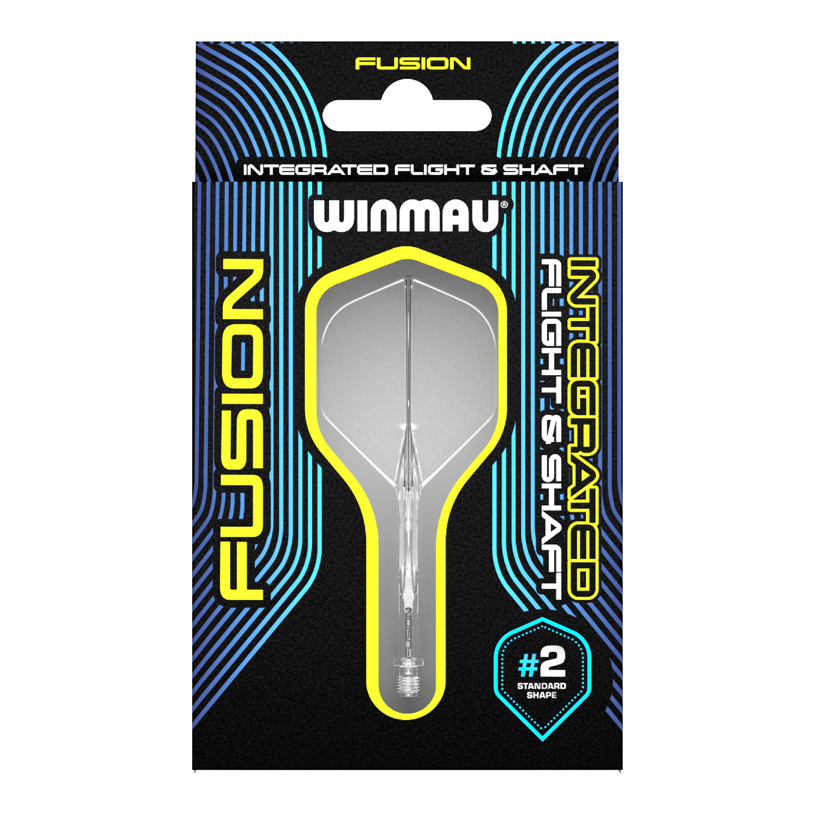 Winmau Fusion Flight-Shaft-System Standard Clear Auf dem Bild ist ein Winmau Fusion Flight & Shaft System in einer Verpackung zu sehen. Das Produkt ist durchsichtig und hat die Standardform #2.