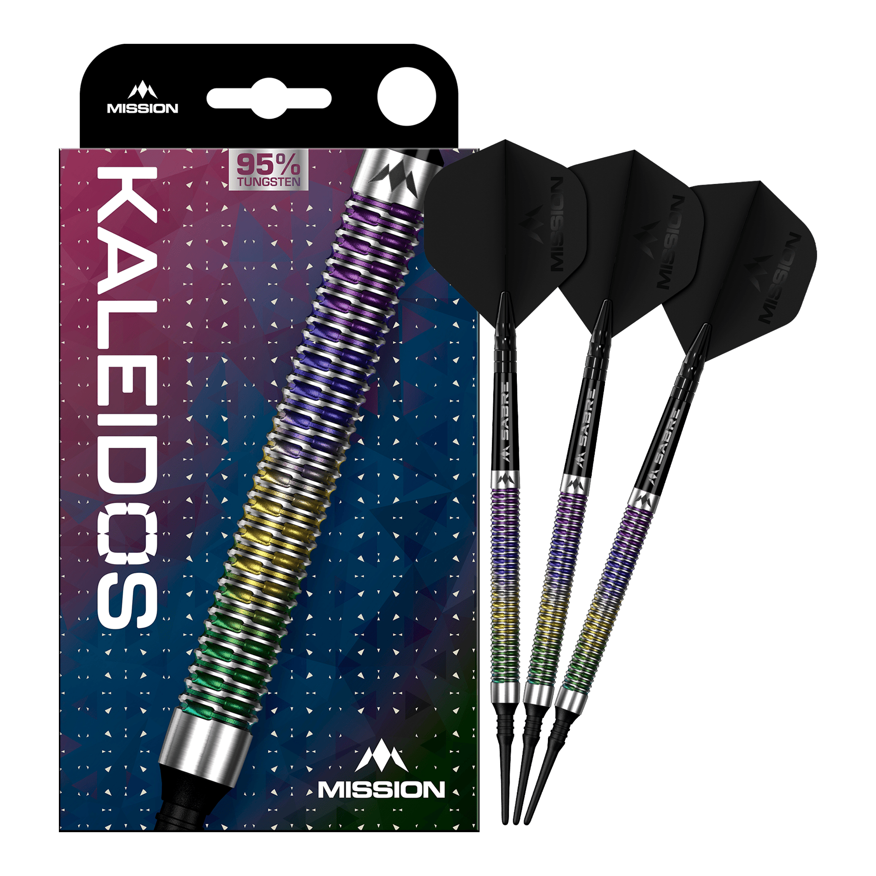 Měkké šipky Mission Kaleidos - 19g Mission Kaleidos Softdarts - 19g ist auf dem Bild zu sehen. Der Softdart ist vollständig abgebildet.