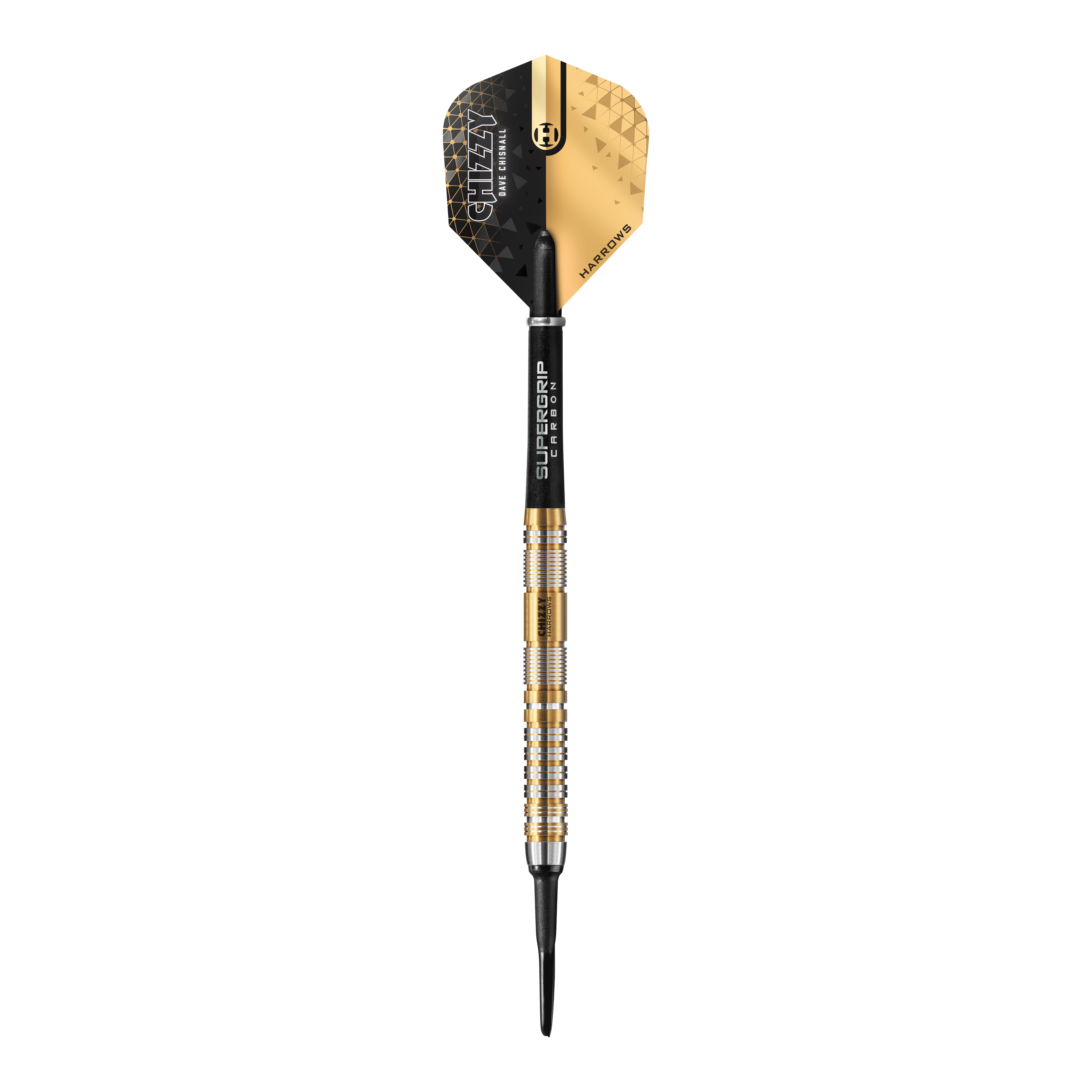 Miękkie rzutki Harrow's Dave Chisnall Chizzy Series 2 Das Bild zeigt einen Harrows Dave Chisnall Chizzy Series 2 Softdart. Der Dart hat ein modernes schwarzes und goldenes Design mit silbernen und goldenen Ringen am Barrel.