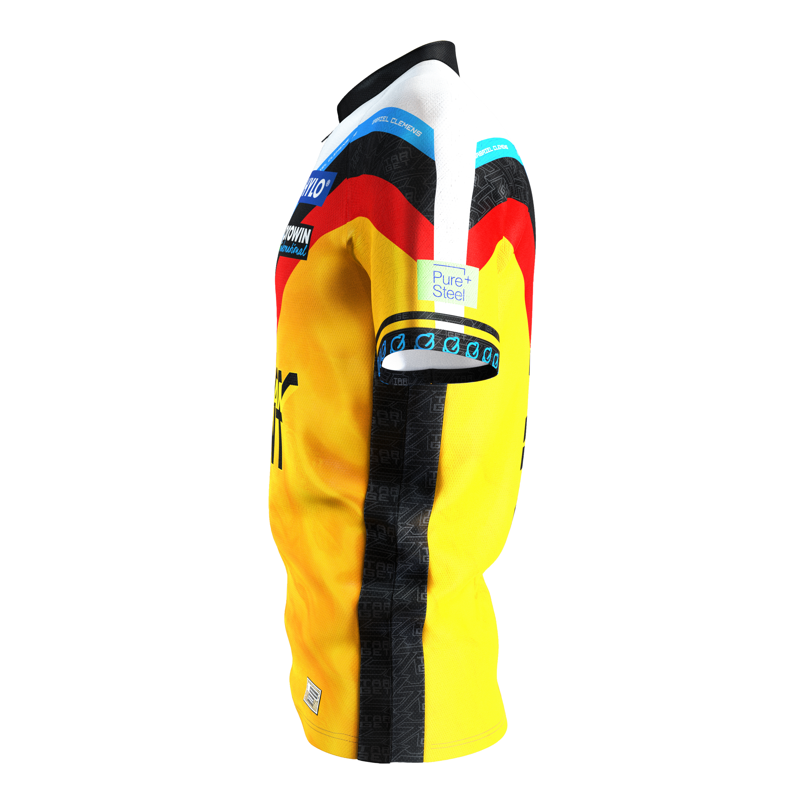 Koszulka do darta Target Coolplay Gabriel Clemens 2025 Das Bild zeigt das Target Coolplay Gabriel Clemens 2025 Dartshirt. Das Shirt ist überwiegend gelb mit schwarzen und roten Akzenten sowie Sponsorenlogos.