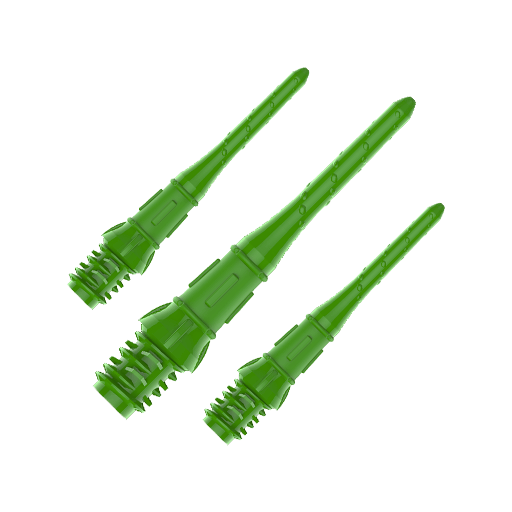 Premium Lippoints (30er Pack) - Spitzen Das Bild zeigt drei grüne Dartspitzen aus Kunststoff. Sie sind nebeneinander angeordnet und auf einem transparenten Hintergrund dargestellt.