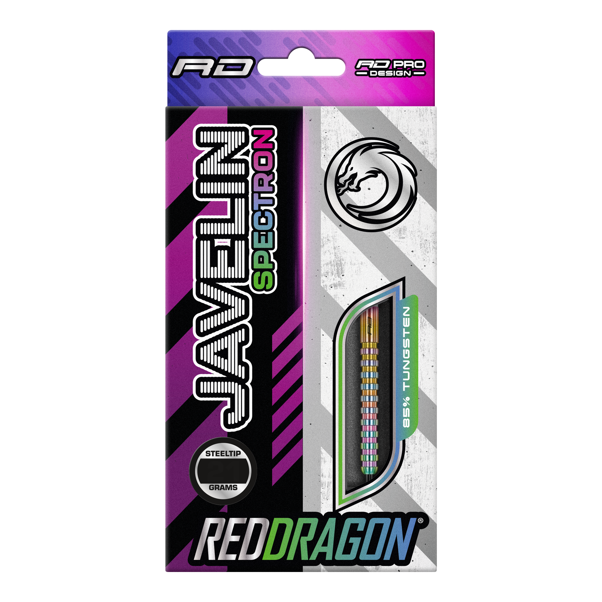 Red Dragon Javelin Spectron Steeldarts Die Verpackung zeigt die "Red Dragon Javelin Spectron Steeldarts". Die Darts bestehen zu 85% aus Wolfram und haben eine bunte Optik.