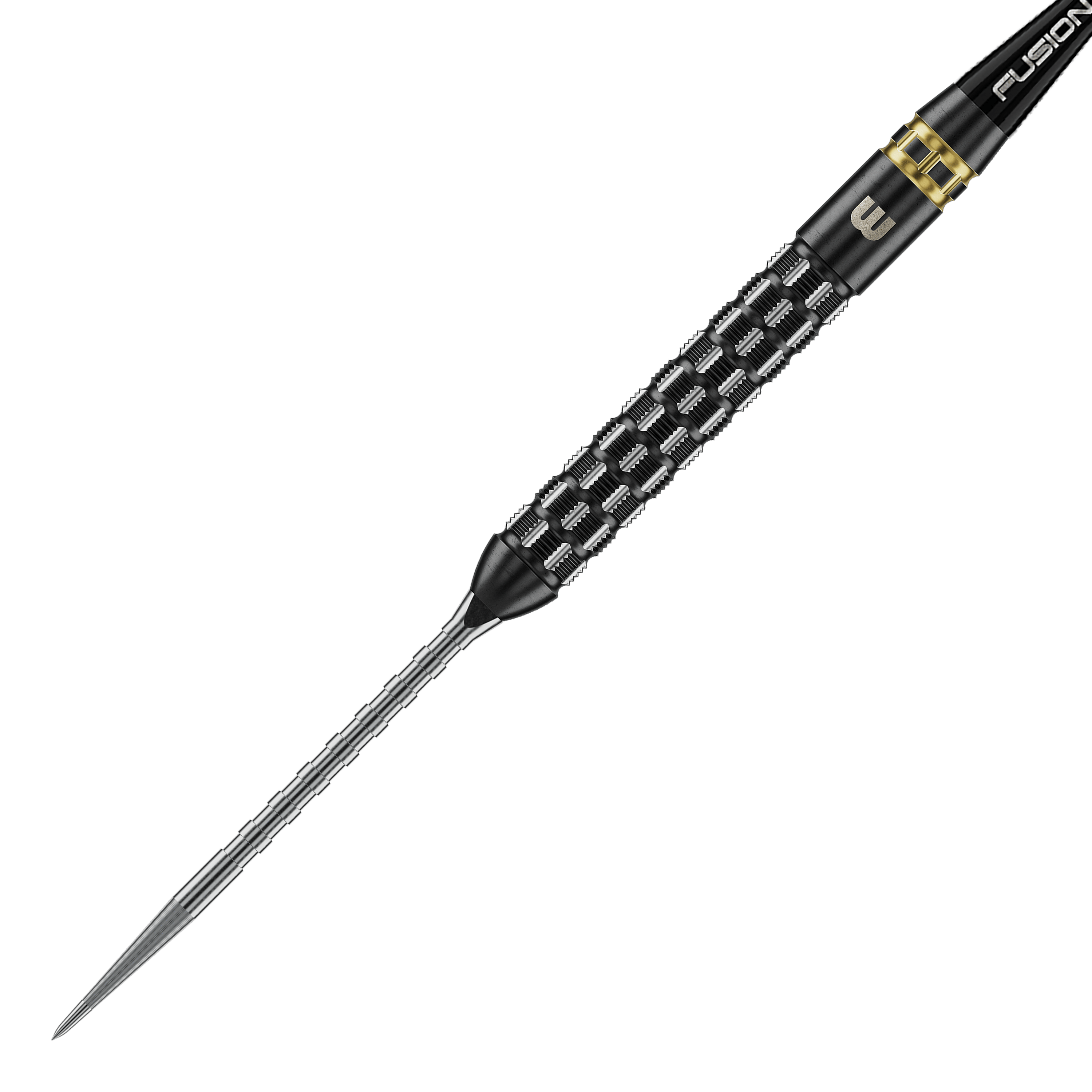 Gezeigt werden Winmau Gian Van Veen TS-PRO Switch Point Steeldarts. Die Darts befinden sich in einer ordentlichen Reihe auf hellem Hintergrund.