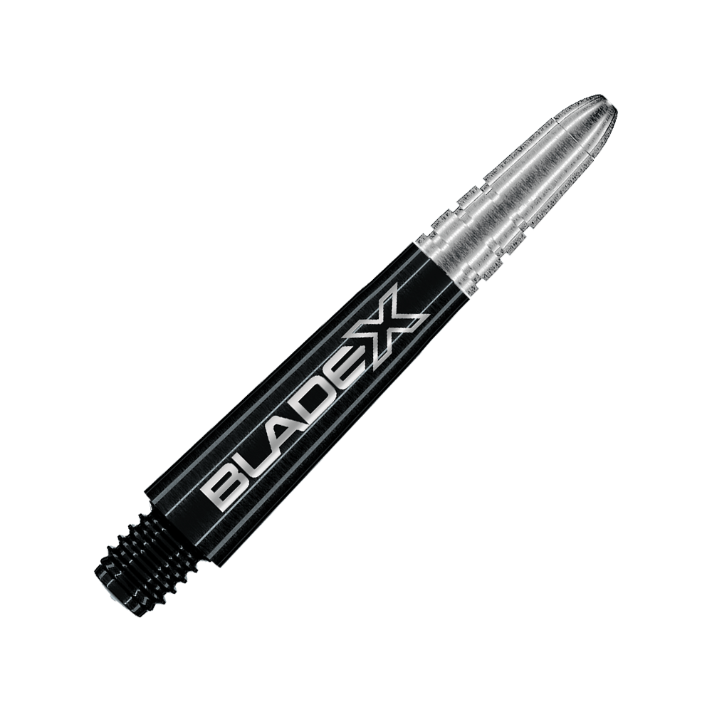 Winmau Vecta Blade X Shafts - Schwarz Dargestellt ist ein schwarzer Dartshaft mit dem Namen Winmau Vecta Blade X, 34 mm. Dieses Objekt ist für die Verwendung mit Dartpfeilen gedacht.