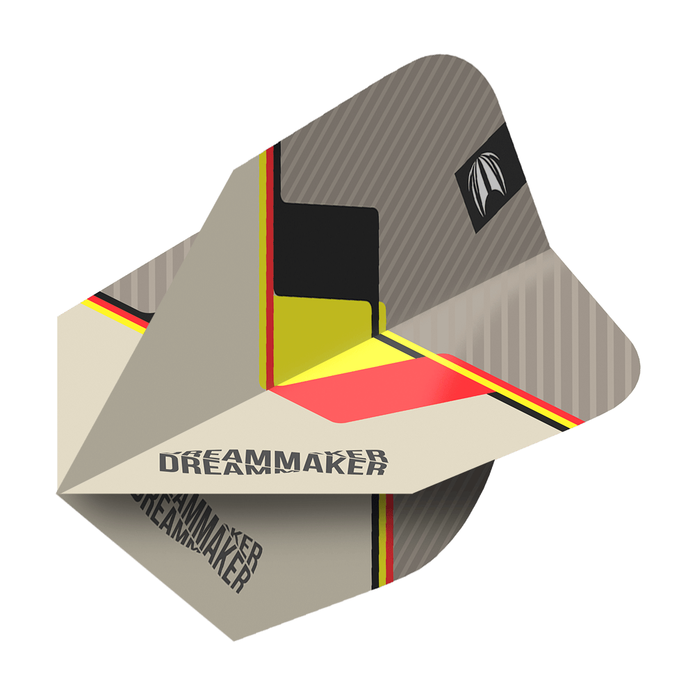 TG78_336510_Target_Pro_Ultra_Dimitri_Van_Den_Bergh_2022_Ten-X_Flights_2 Dies ist ein Dart-Flight mit dem Namen "Target Pro Ultra Dimitri Van Den Bergh TenX Flights". Das Design enthält die Farben Schwarz, Gelb und Rot sowie den Schriftzug "DREAMMAKER".