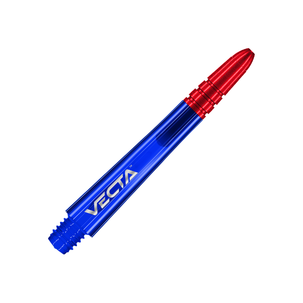 Alberi Winmau Vecta - Blu Rosso Das Bild zeigt einen Dart-Schaft in den Farben Blau und Rot. Auf dem blauen Teil steht das Wort "VECTA".