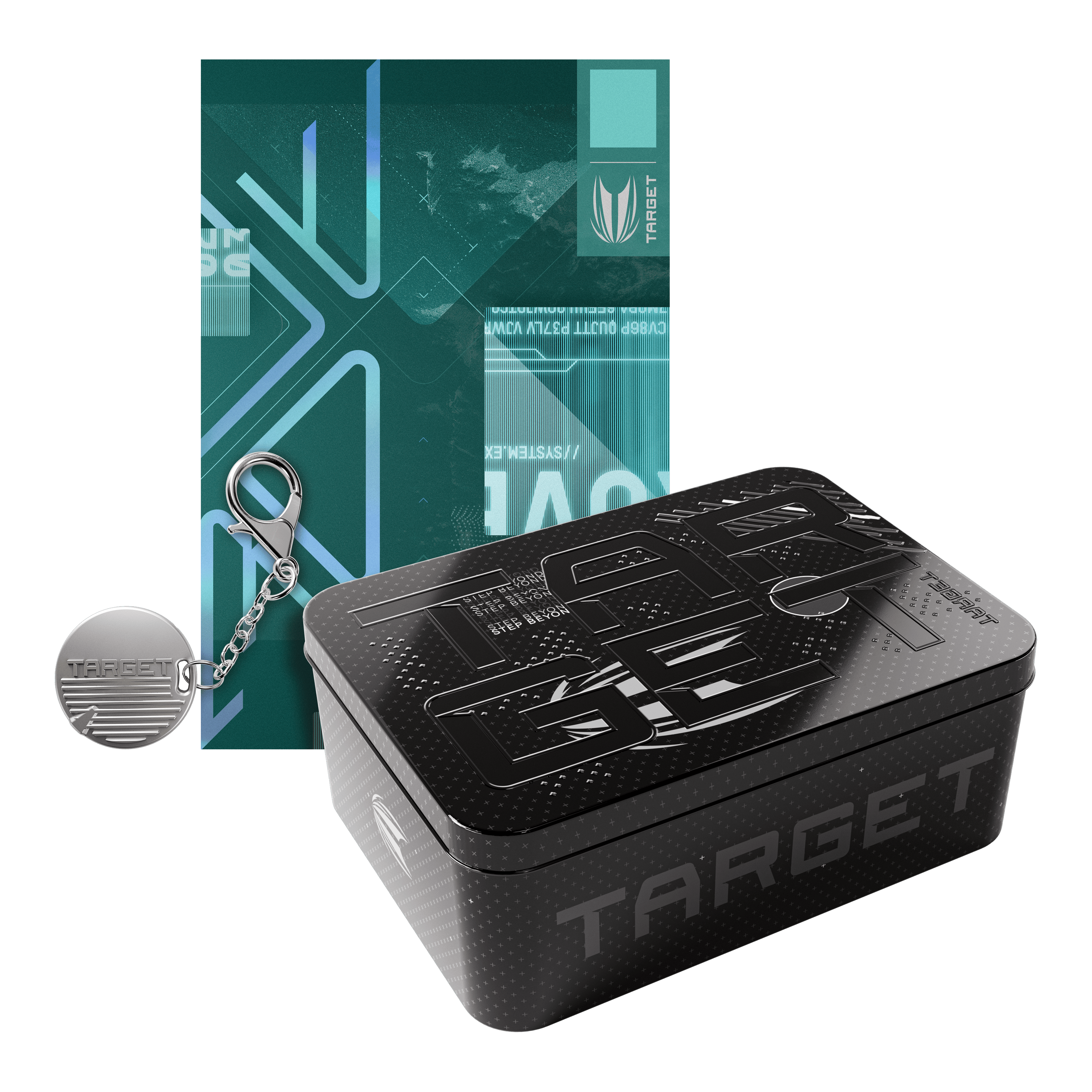 Das Bild zeigt eine schwarze Box mit der Aufschrift "TARGET" und einem modernen Design. Daneben liegen ein Schlüsselanhänger und eine grün-blaue Karte mit geometrischen Mustern.