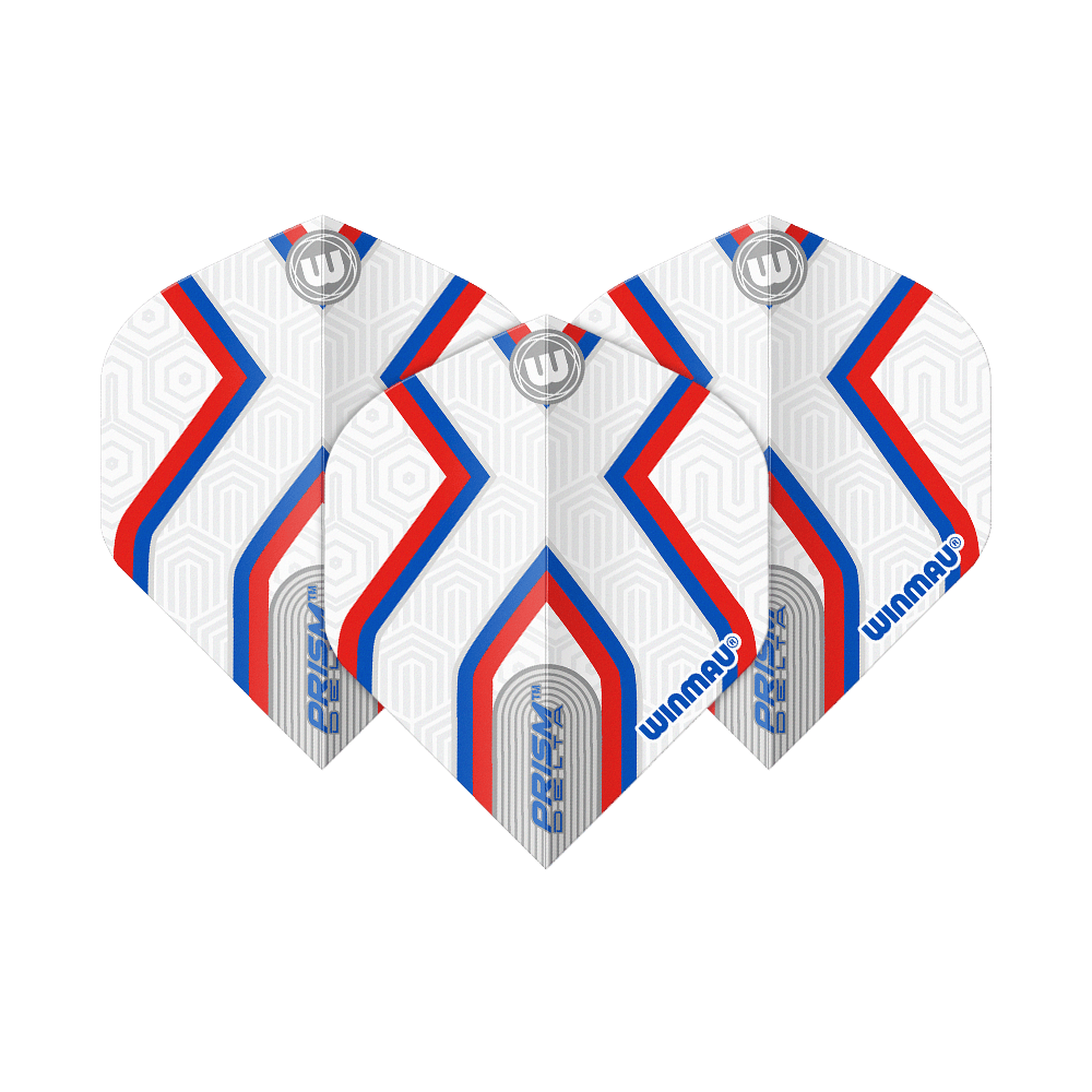 Voli standard Winmau Prism Delta Epix No2 Das Bild zeigt drei Dartflights des Produkts "Winmau Prism Delta Epix No2 Standard Flights". Die Flights sind weiß mit roten und blauen Streifen sowie geometrischem Muster gestaltet.