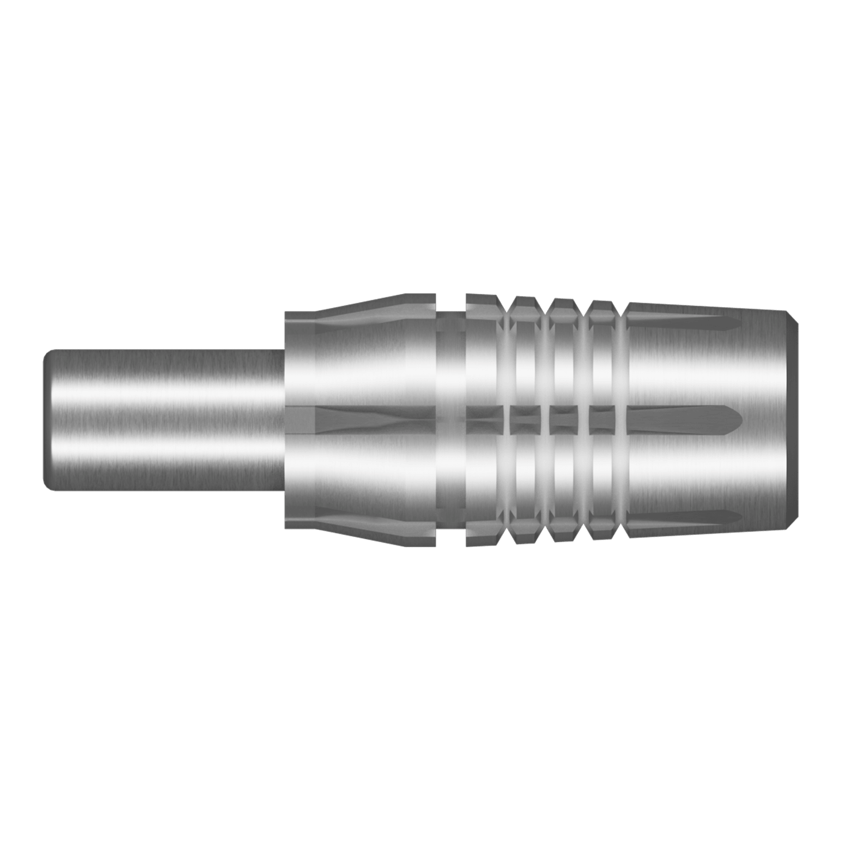 Adaptér pro závitovou hlavu s výstřelem Zwei silberne Adapter für Dartspitzen werden dargestellt. Die Adapter sind metallisch glänzend.