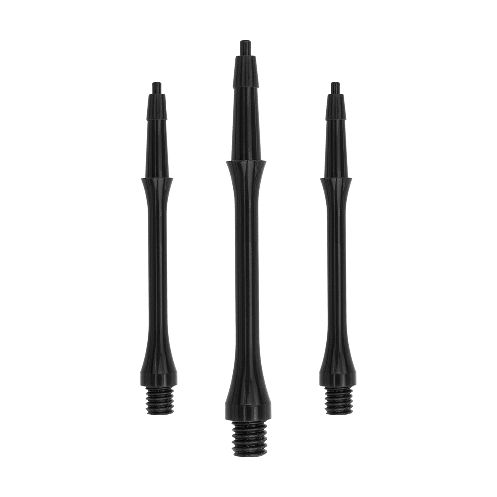 HRC-12596_Harrows_Clic_Slim_Shafts_Black_30mm_1bNnKe1dy1m9Zw Das Bild zeigt drei schwarze Harrows Clic Slim Shafts. Sie sind schlanke, leichte Schäfte für Dartpfeile.