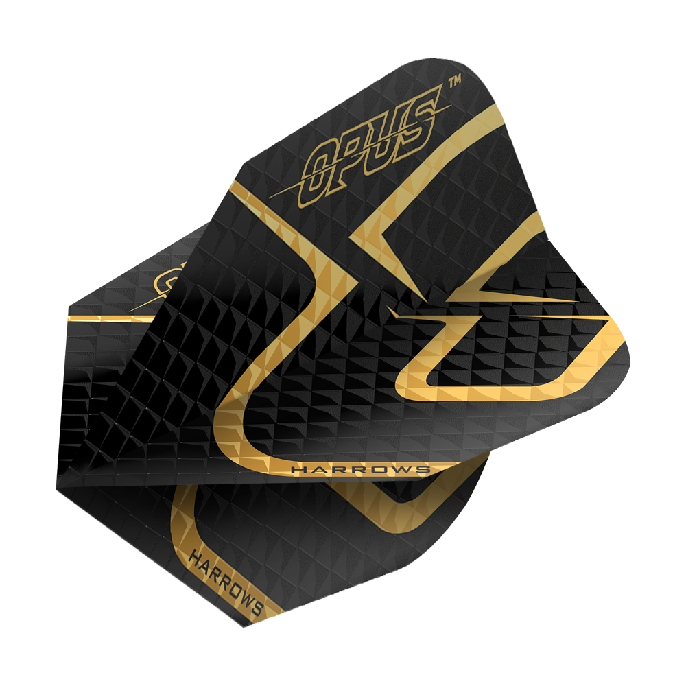 Lety Harrow's Opus verze 2 Das Bild zeigt das Produkt "Harrows Opus Version 2 Flights". Die Flights sind überwiegend schwarz mit goldenen Akzenten und Aufschrift.