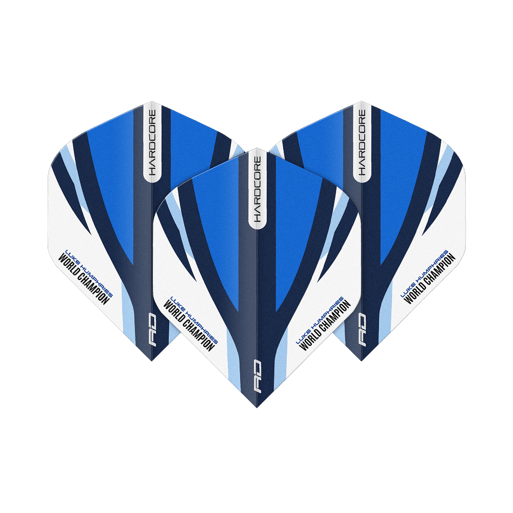 Vols Standard Bleu Blanc Red Dragon Hardcore Luke Humphries Das Bild zeigt drei Dartflights in Blau, Weiß und Schwarz mit der Aufschrift „HARDCORE“ und „Luke Humphries World Champion“. Es handelt sich um das Produkt „Red Dragon Hardcore Luke Humphries Blue White Standard Flights“.