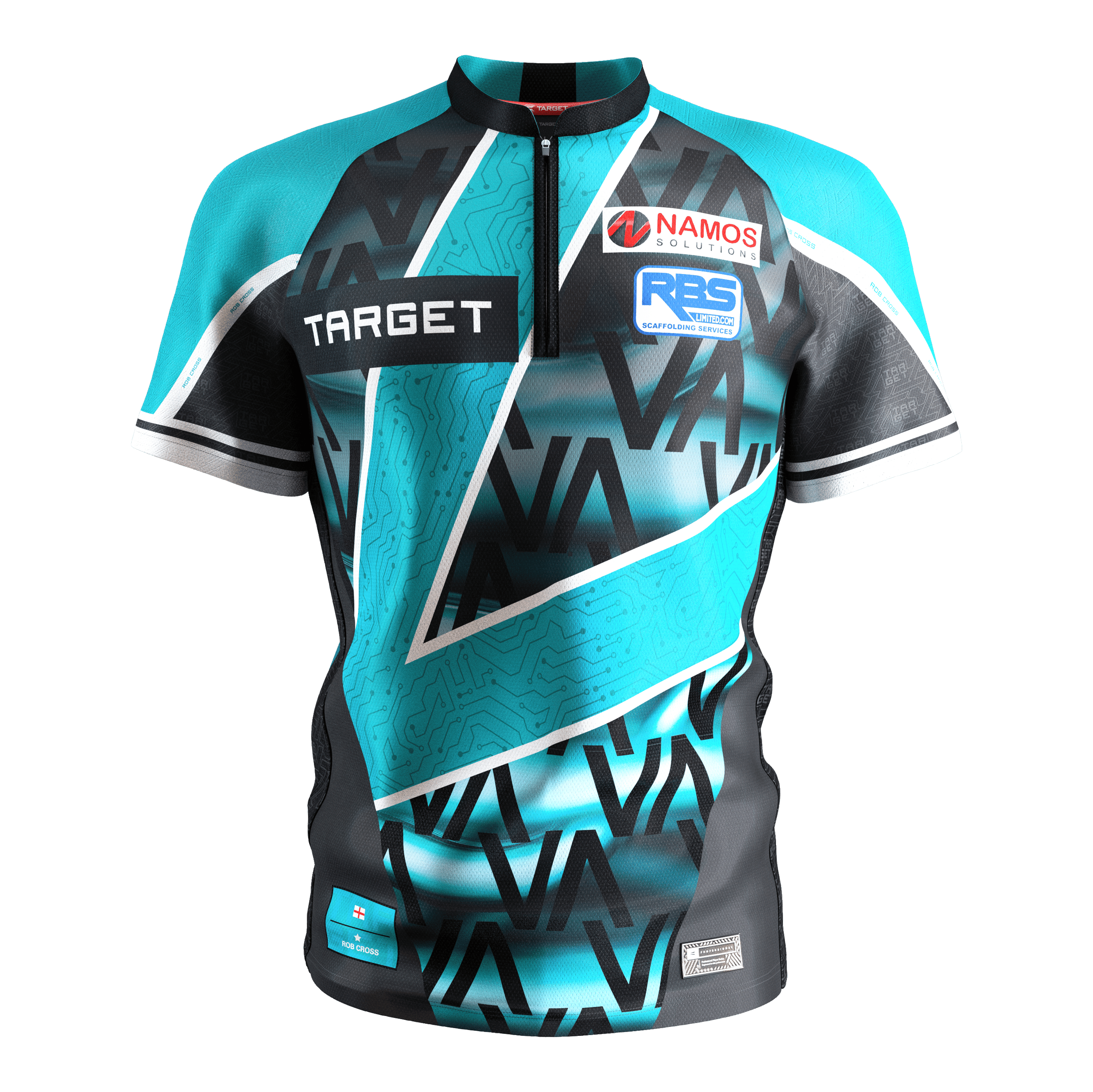 Target Coolplay Rob Cross 2025 Dartshirt Dies ist das Target Coolplay Rob Cross 2025 Dartshirt. Das Shirt hat ein modernes Design in Türkis, Schwarz und Weiß mit mehreren Sponsorenlogos auf der Vorderseite.