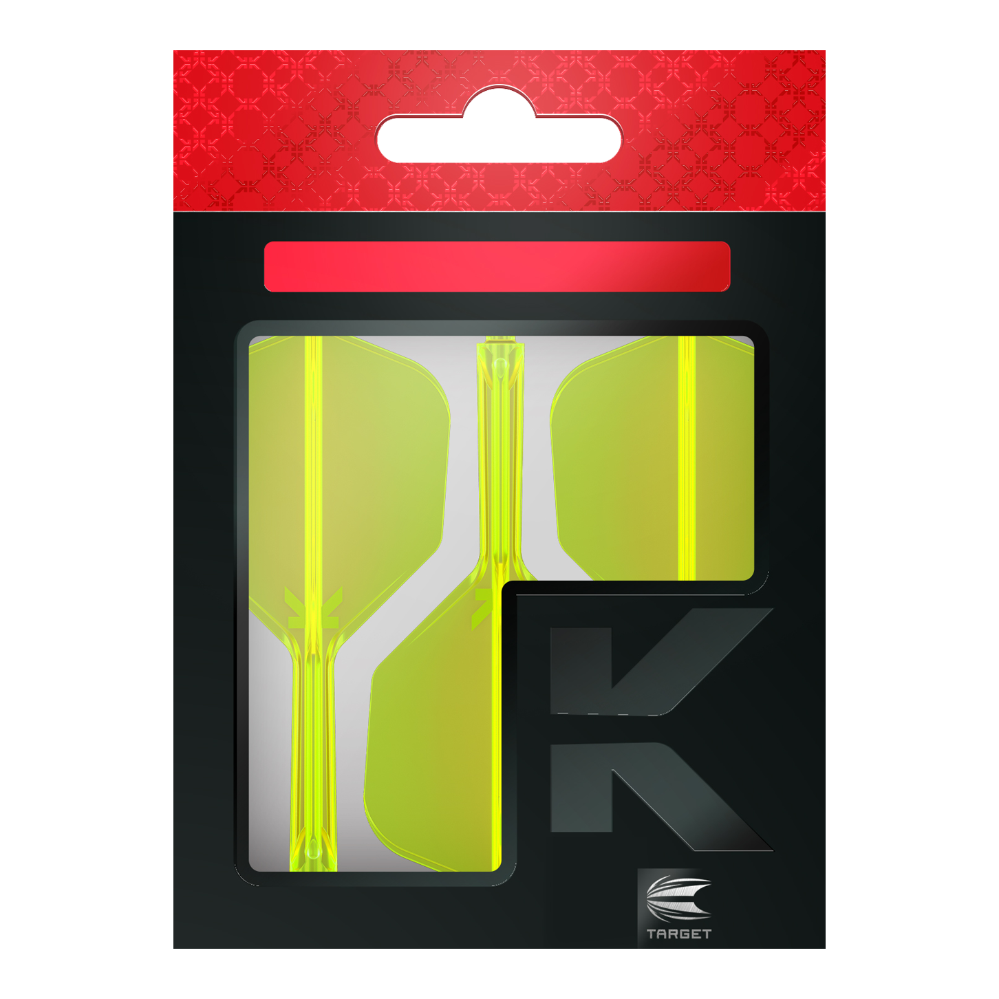 Letový systém Target K-Flex No6 - neonově žlutý Die Abbildung zeigt eine Verpackung mit neon-gelben Dartflights. Die Verpackung ist überwiegend schwarz mit einem roten Bereich oben und dem Logo „TARGET“ unten rechts.