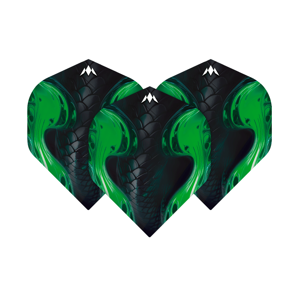 Standardní lety Mission Solo Venom No2 Auf dem Bild sind drei Mission Solo Venom No2 Standard Flights zu sehen. Sie haben ein schwarzes Design mit auffälligen grünen Schlangenmuster-Elementen.