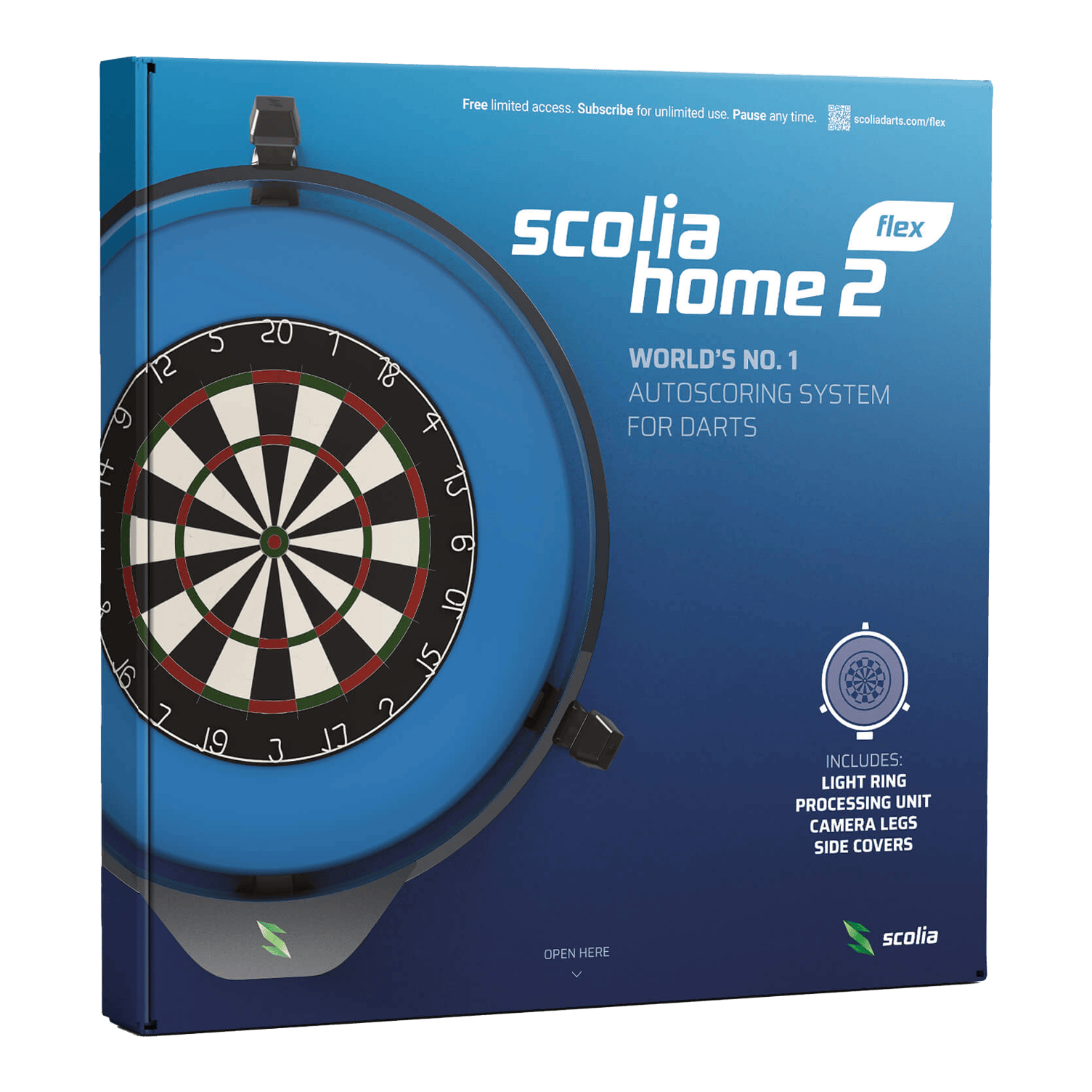 Scolia Home 2 FLEX - Electronic Autoscoring System mit Beleuchtungsring 2026 Die Verpackung zeigt das Produkt "Scolia Home 2 FLEX", ein elektronisches Punktesystem für Darts mit Beleuchtungsring. Auf der Vorderseite sind eine Abbildung eines Dartboards und Informationen zu den enthaltenen Komponenten zu sehen.