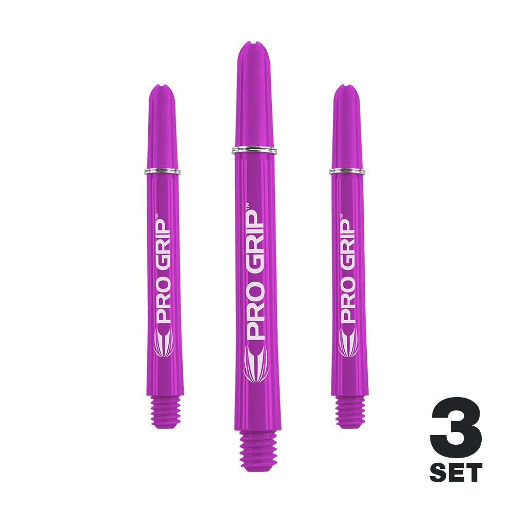 Target Pro Grip Shafts - 3 Sets - Purple Das Bild zeigt drei lila Dartschäfte der Marke "Pro Grip". In der rechten unteren Ecke steht "3 Set".