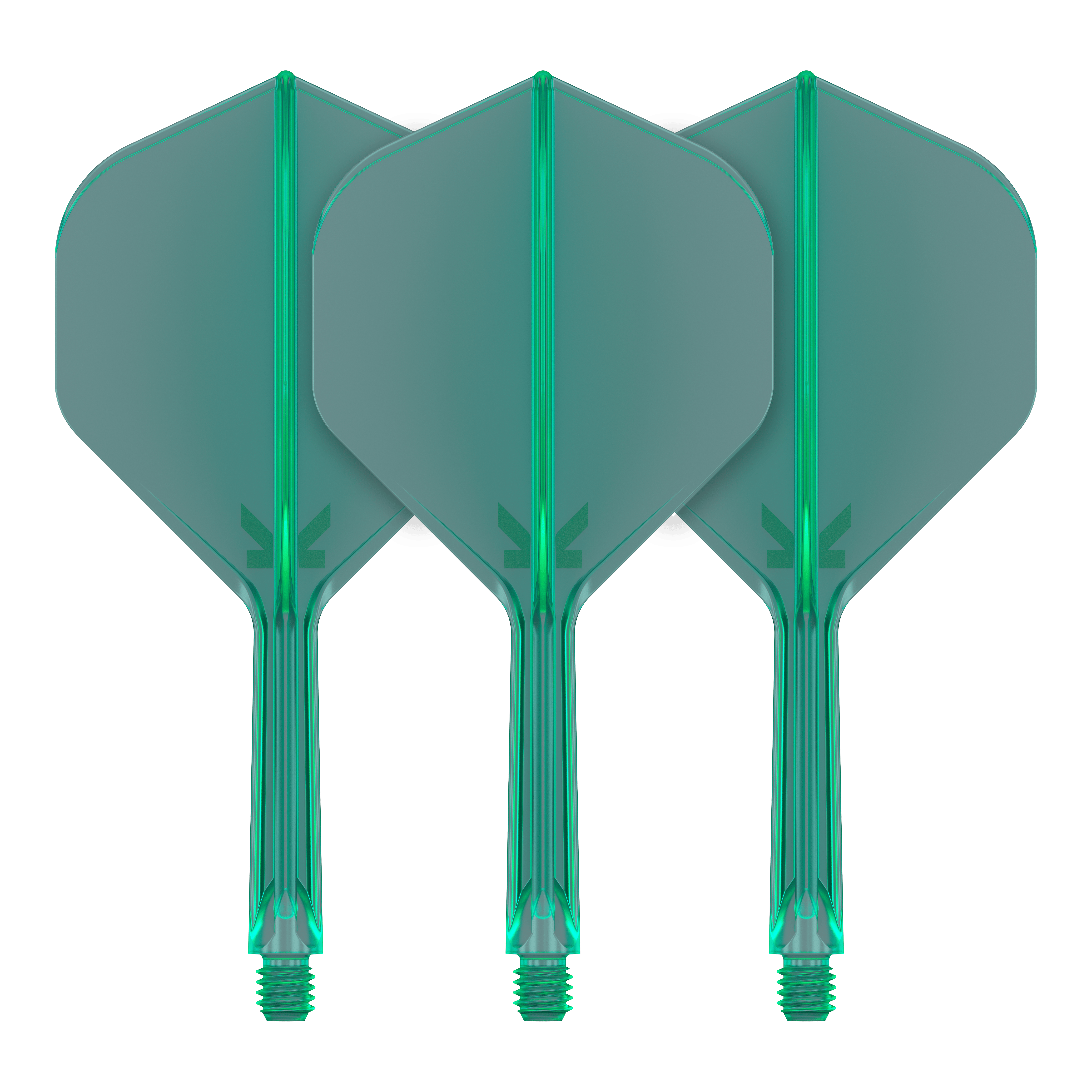Target K-Flex No2 Standard Flight System - Green Das Bild zeigt drei grüne Dartflights mit angebauten Schäften. Sie sind gleichmäßig angeordnet und weisen ein schlichtes, modernes Design auf.
