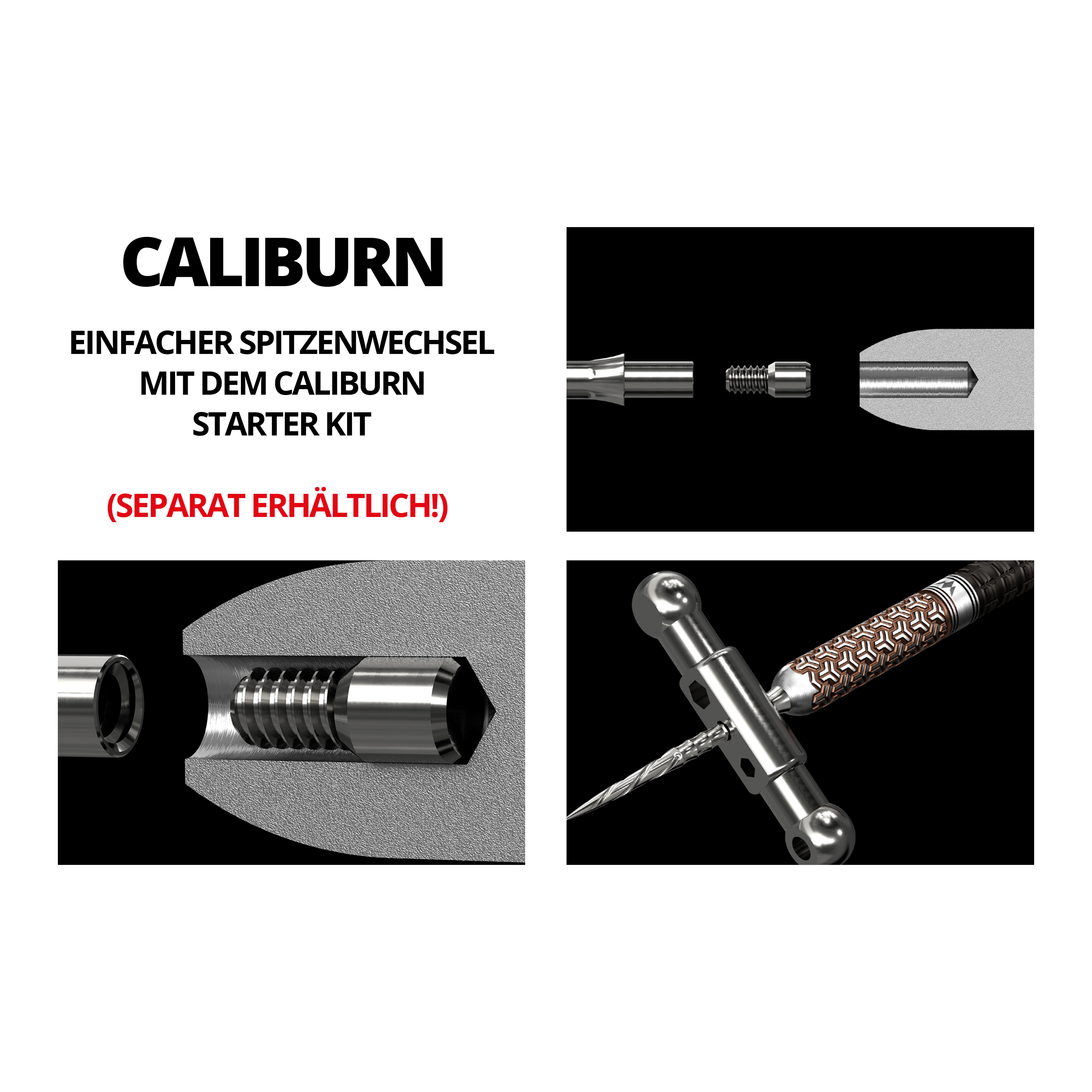 Das Bild zeigt die Caliburn System Steeldartspitzen - Ripple - NoLip in Schwarz mit verschiedenen technischen Nahaufnahmen. Es werden die einzelnen Komponenten und der Aufbau der Dartspitzen detailliert dargestellt.