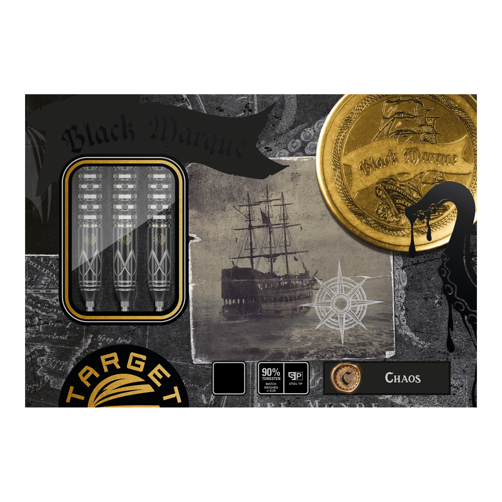Target Japan Black Marque Chaos Swiss Point Steeldarts Das Bild zeigt die Verpackung der "Target Japan Black Marque Chaos Swiss Point Steeldarts". Auf der Verpackung sind drei Dartpfeile, ein altes Segelschiff und ein goldener Münz-Motiv zu sehen.