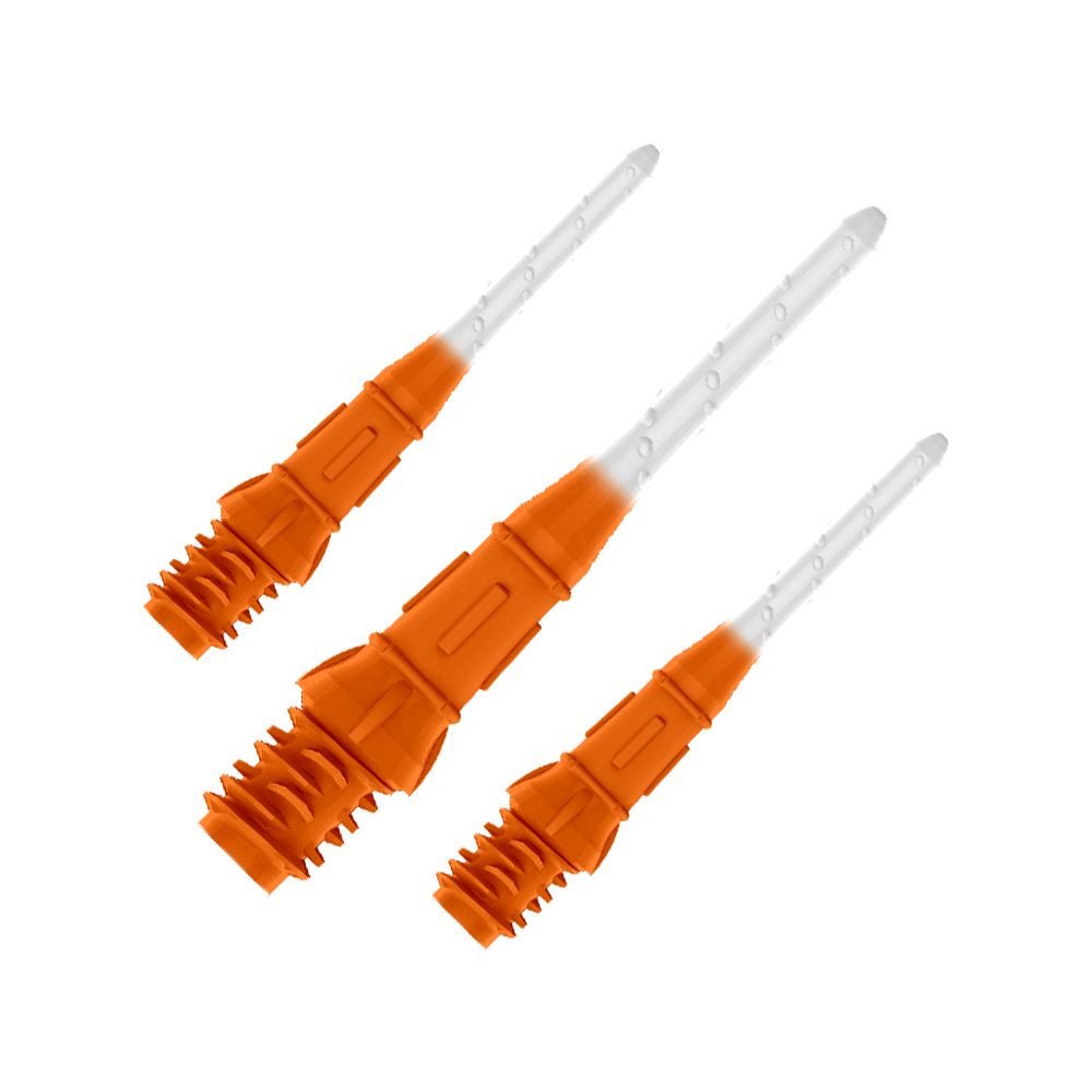 L-Style Premium Two Tone Lippoints (30er Pack)-Orange/Weiß Das Bild zeigt drei orange-weiße Dartspitzen in einer Reihe. Die Spitzen sind zum Teil orange und werden nach vorne hin durchsichtig.