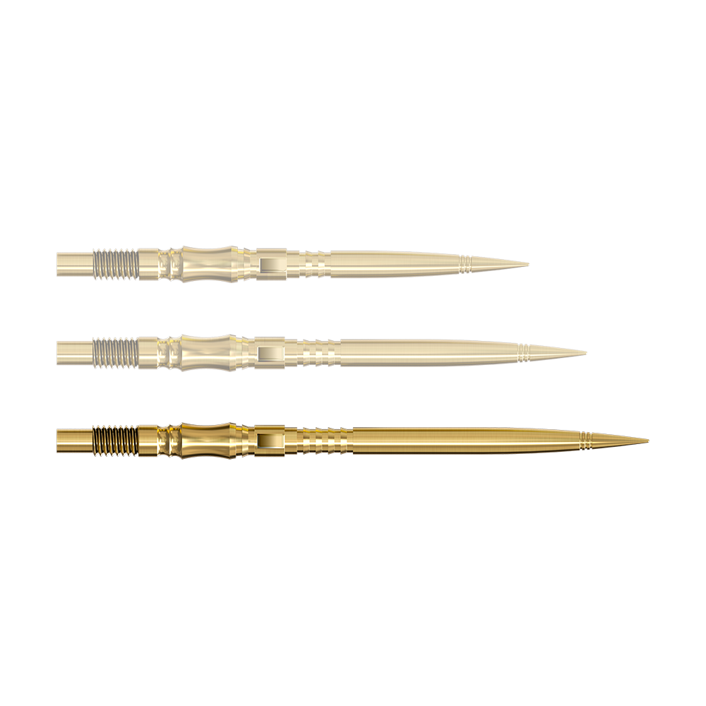 Eine einzelne Dartspitze in Gold ist von nahe gezeigt. Die Spitze ist nach rechts ausgerichtet.