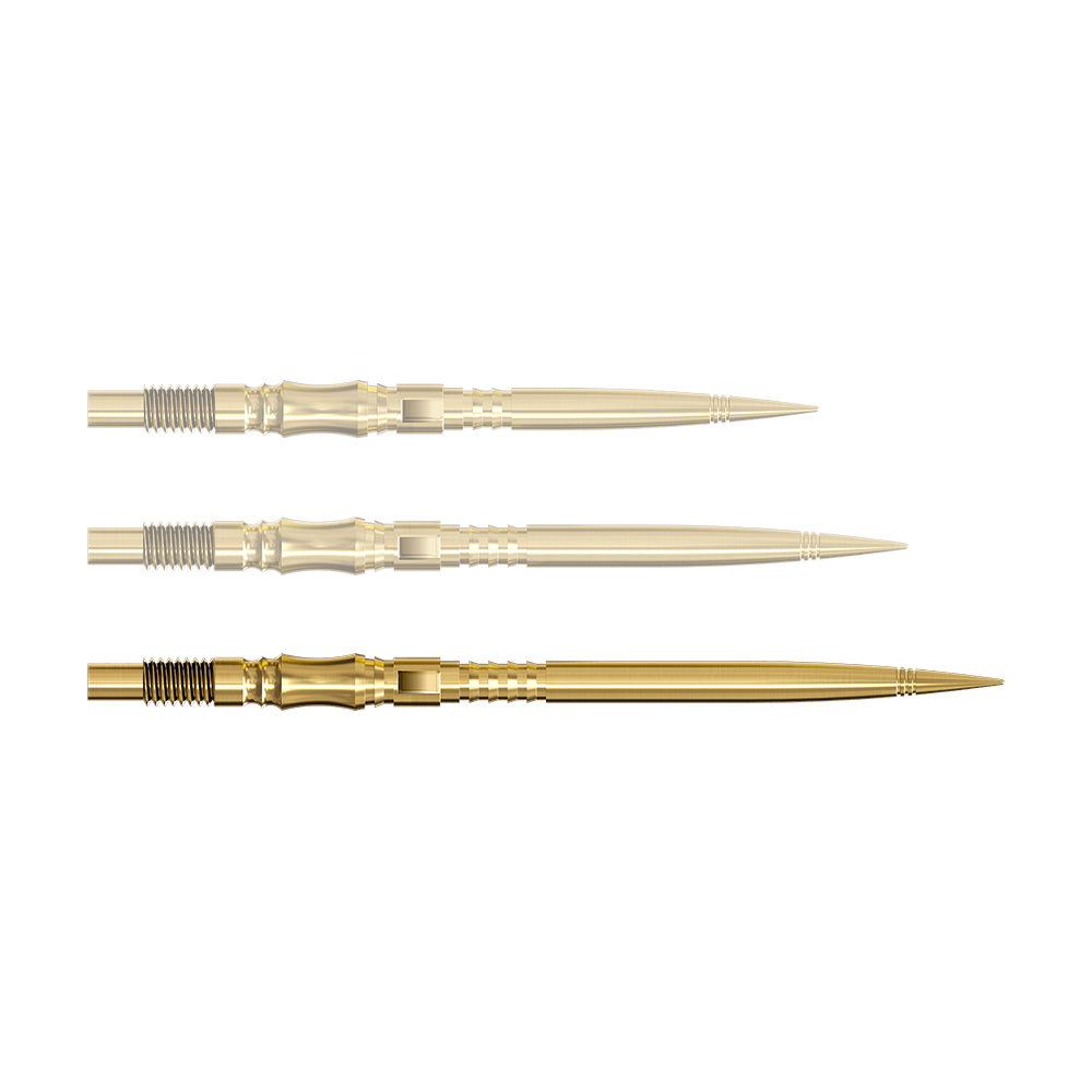 Harrows Quick Point Axis Elite Series Dartspitzen - Gold Eine einzelne Dartspitze in Gold ist von nahe gezeigt. Die Spitze ist nach rechts ausgerichtet.