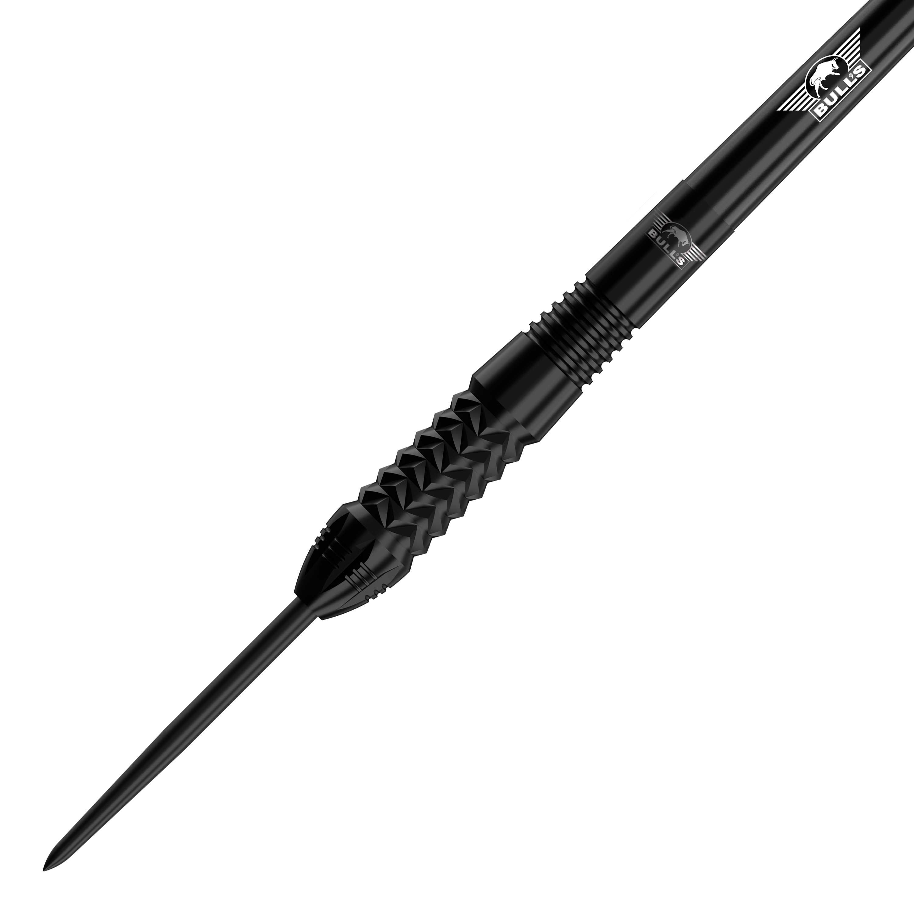 Dardos de acero Bulls NL Caliber Black Das Bild zeigt einen schwarzen Steeldart der Marke Bulls NL Caliber. Der Dart hat eine strukturierte Griffzone und ein glänzendes, elegantes Design.