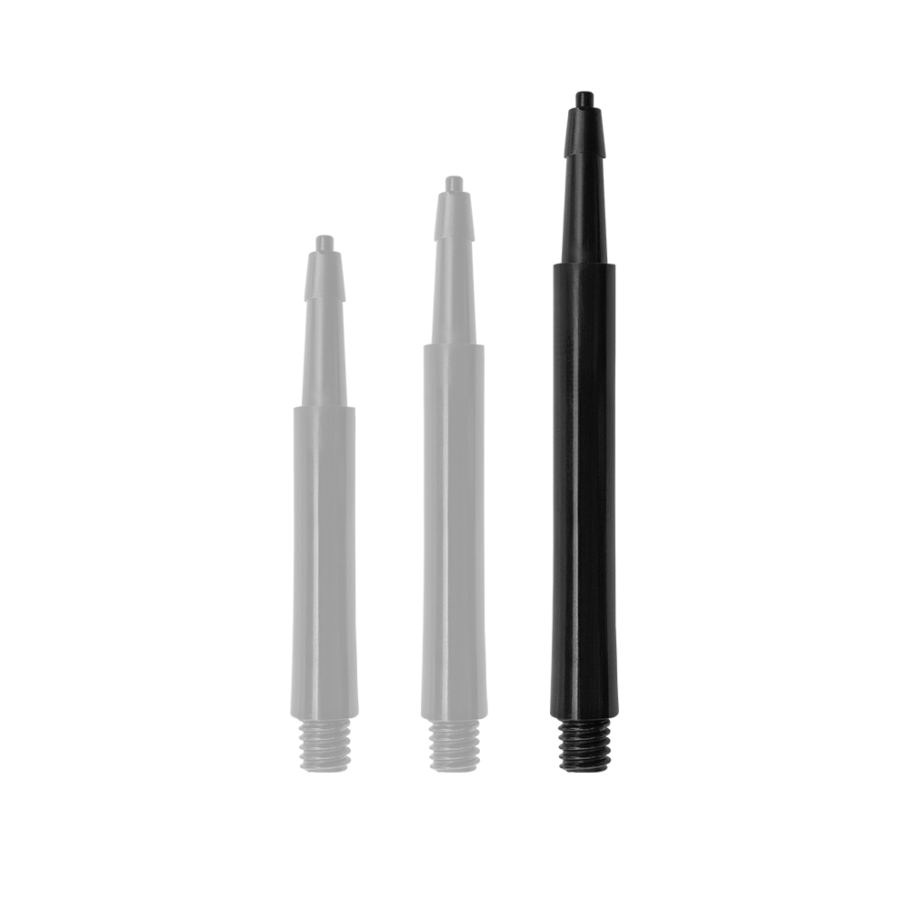 Das Bild zeigt drei schwarze Harrows Clic Standard Shafts in unterschiedlicher Länge. Sie sind als Zubehörteile für Dartpfeile gedacht.