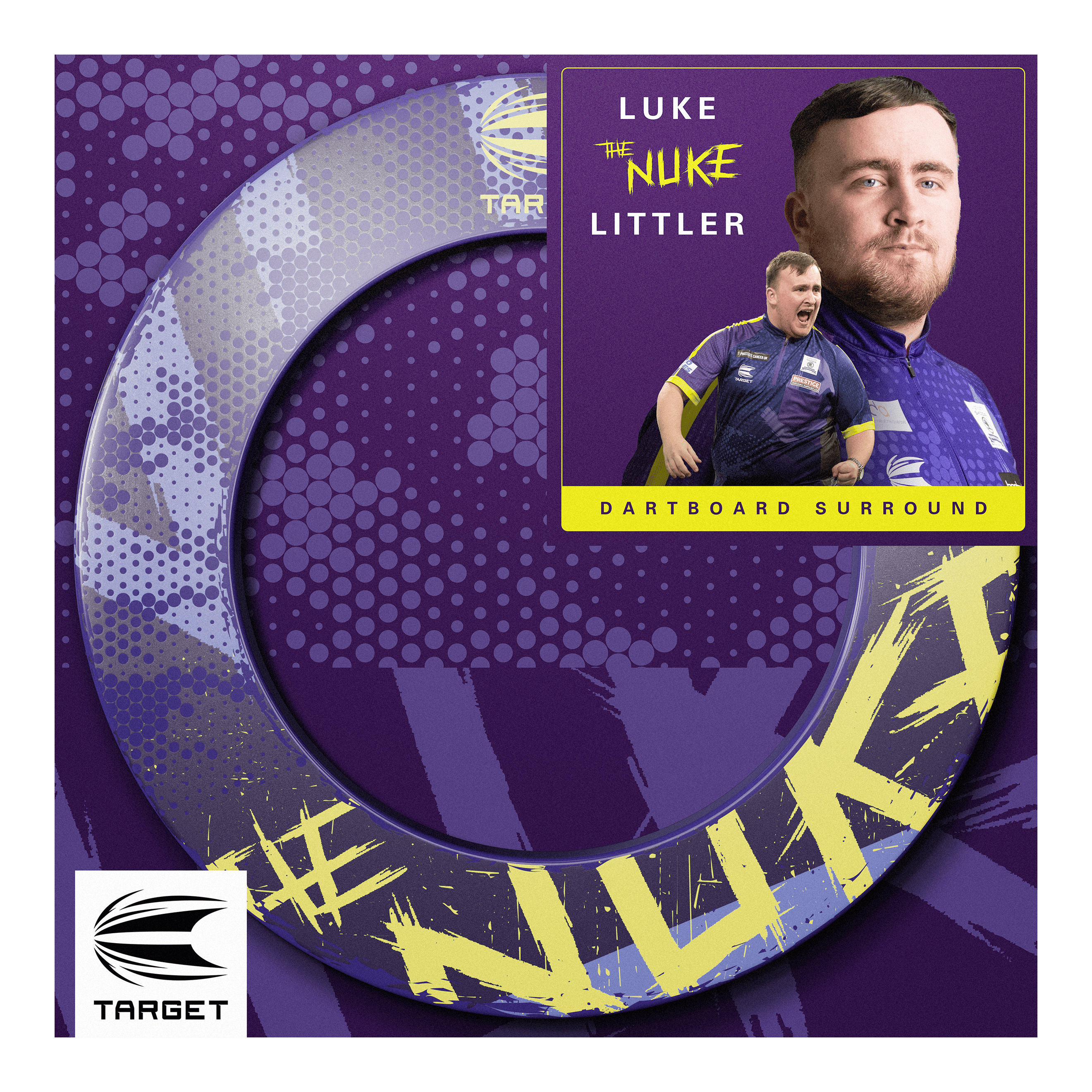Obvodový terč Target Luke Littler The Nuke Das Bild zeigt das Produkt "Target Luke Littler The Nuke Dartboard Surround" in lila und gelben Farben. Auf der Verpackung sind Fotos von Luke Littler sowie das Target-Logo abgebildet.