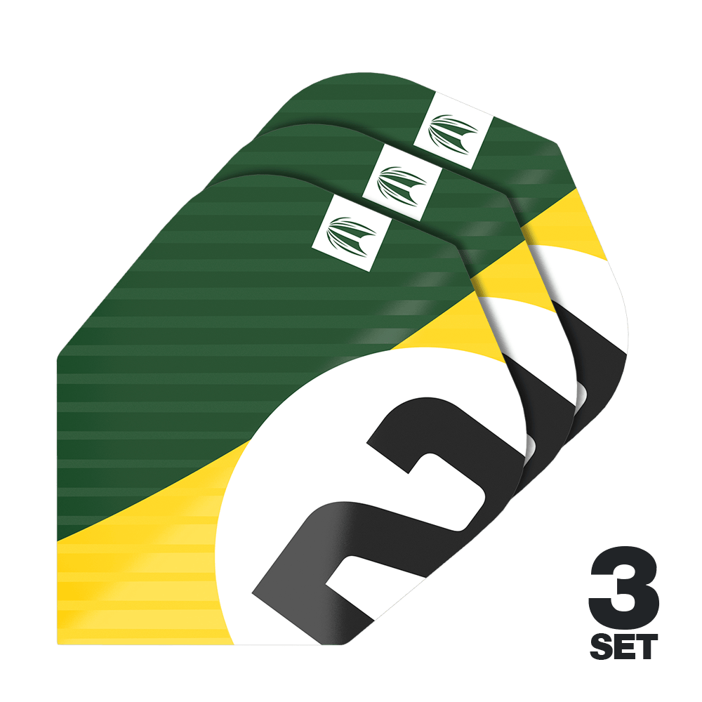 Letenky Target Pro Ultra Chicane Green No6 – 3 sady Das Bild zeigt drei Sätze der Target Pro Ultra Chicane Green No6 Flights. Die Flights sind in den Farben Grün, Gelb, Weiß und Schwarz gestaltet.
