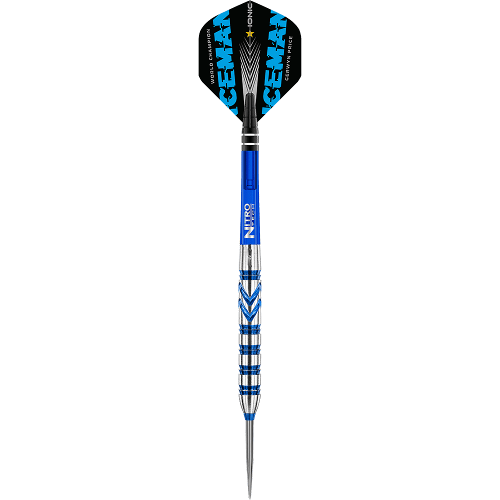 RD1890_Red_Dragon_Gerwyn_Price_Blue_90_Steeldarts_1YWaiOs2XZbjGX Das Bild zeigt einen Steeldart der Marke "Red Dragon Gerwyn Price Blue 90%". Der Dart ist überwiegend blau und silber, mit schwarzen Flights, auf denen „ICEMAN“ steht.