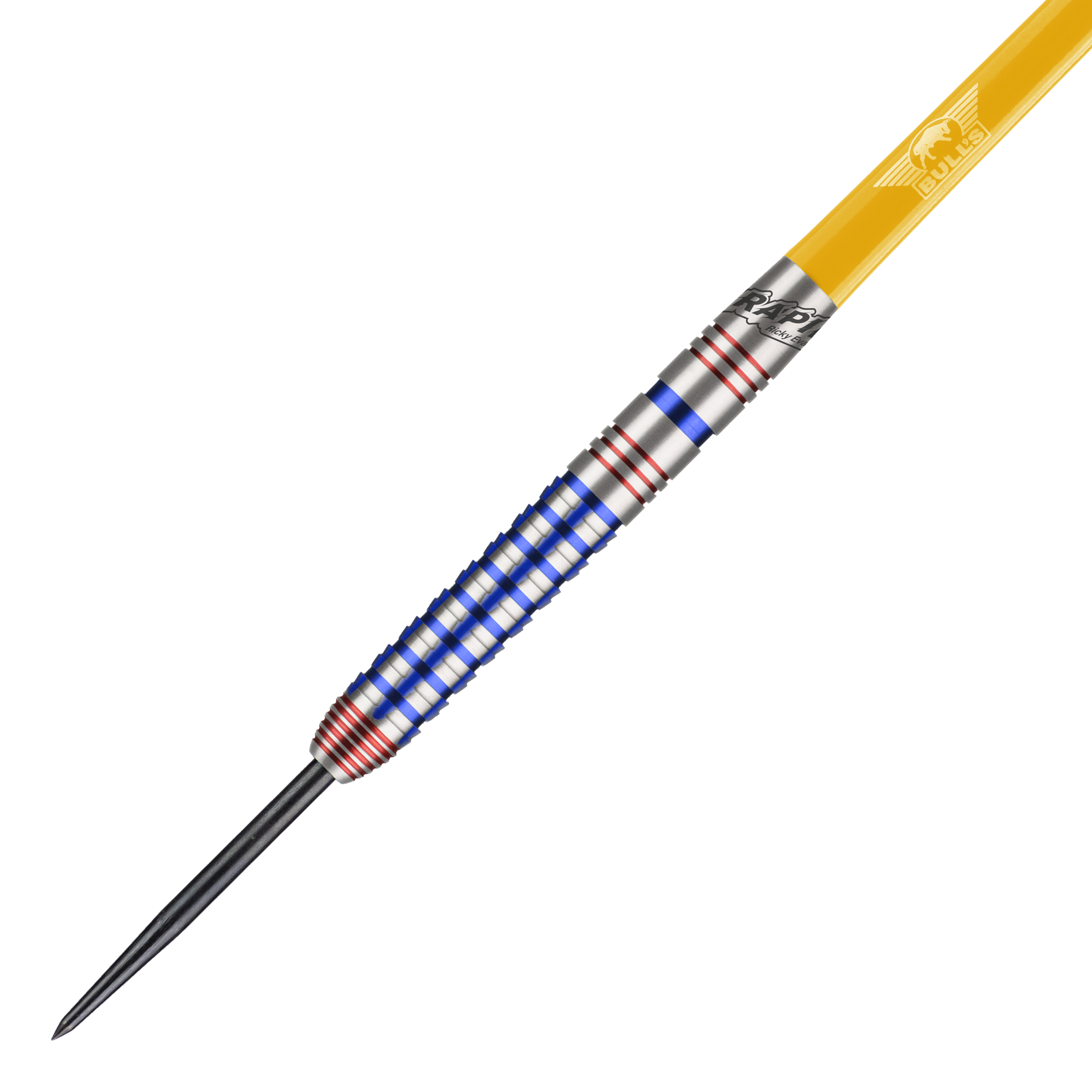 Dardos de acero Rapid Edition One de Ricky Evans de la Liga Nacional Bulls Das Bild zeigt einen Steeldartpfeil aus der Serie "Bulls NL Ricky Evans Rapid Edition One". Der Dart ist silbern mit blauen und roten Ringen und hat einen gelben Schaft.
