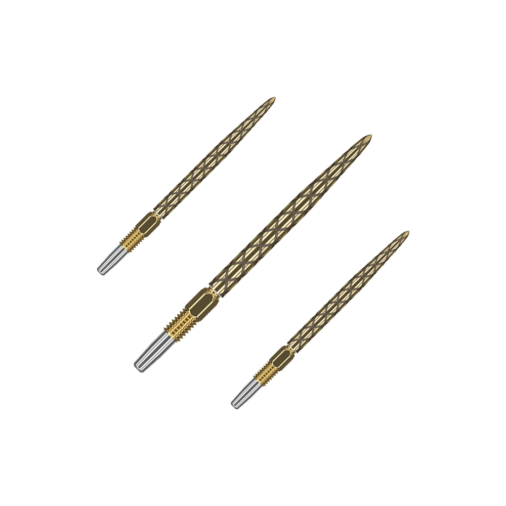 Puntas de dardos Target Swiss Diamond Pro Gold Das Bild zeigt drei goldfarbene Dartspitzen mit einem rautenförmigen Muster. Sie liegen nebeneinander auf einem grünen Hintergrund.