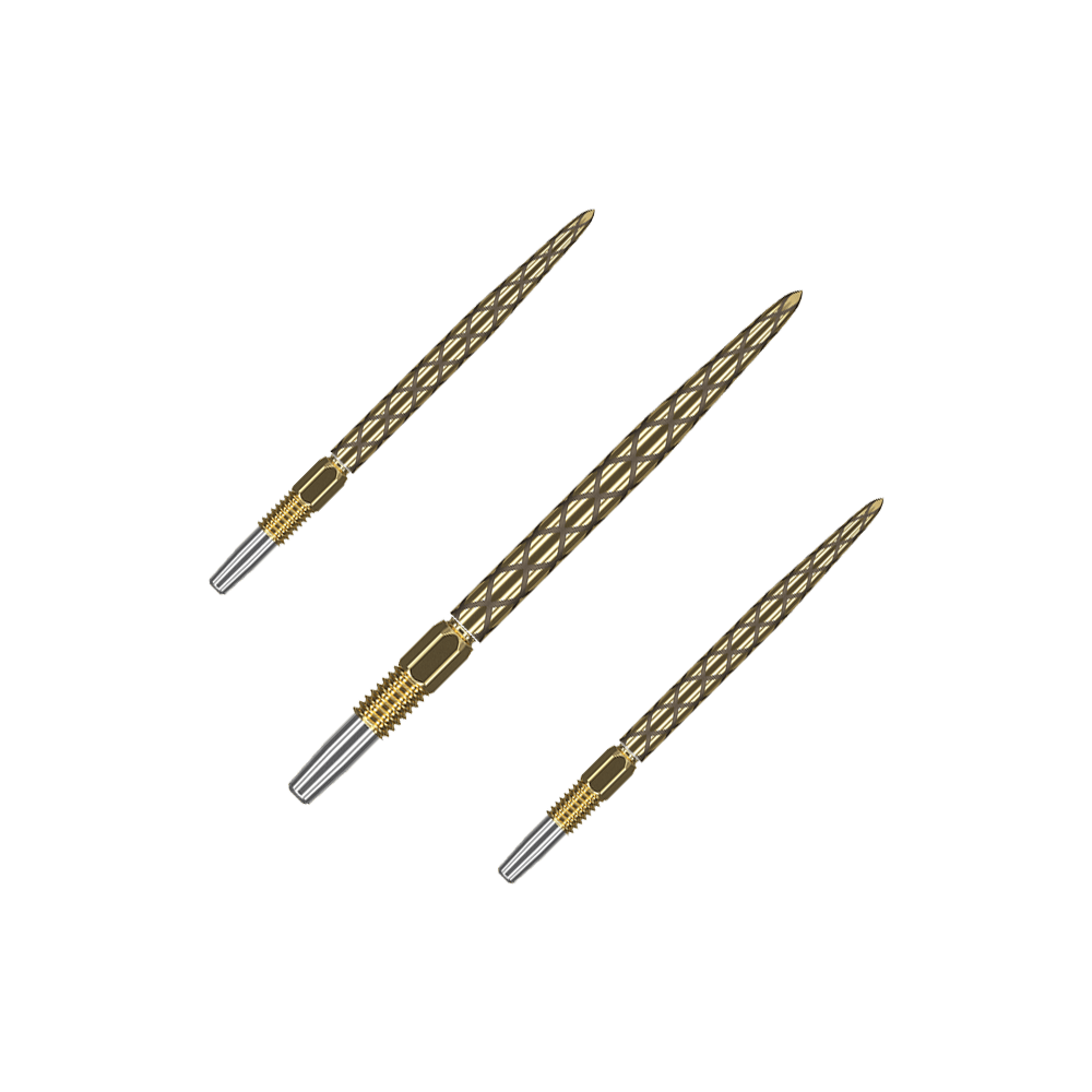 Zaměřte hroty šipek Swiss Diamond Pro Gold Goldene Dartspitzen mit matter Struktur liegen nebeneinander. Das Set ist auf einem hellen Hintergrund platziert.