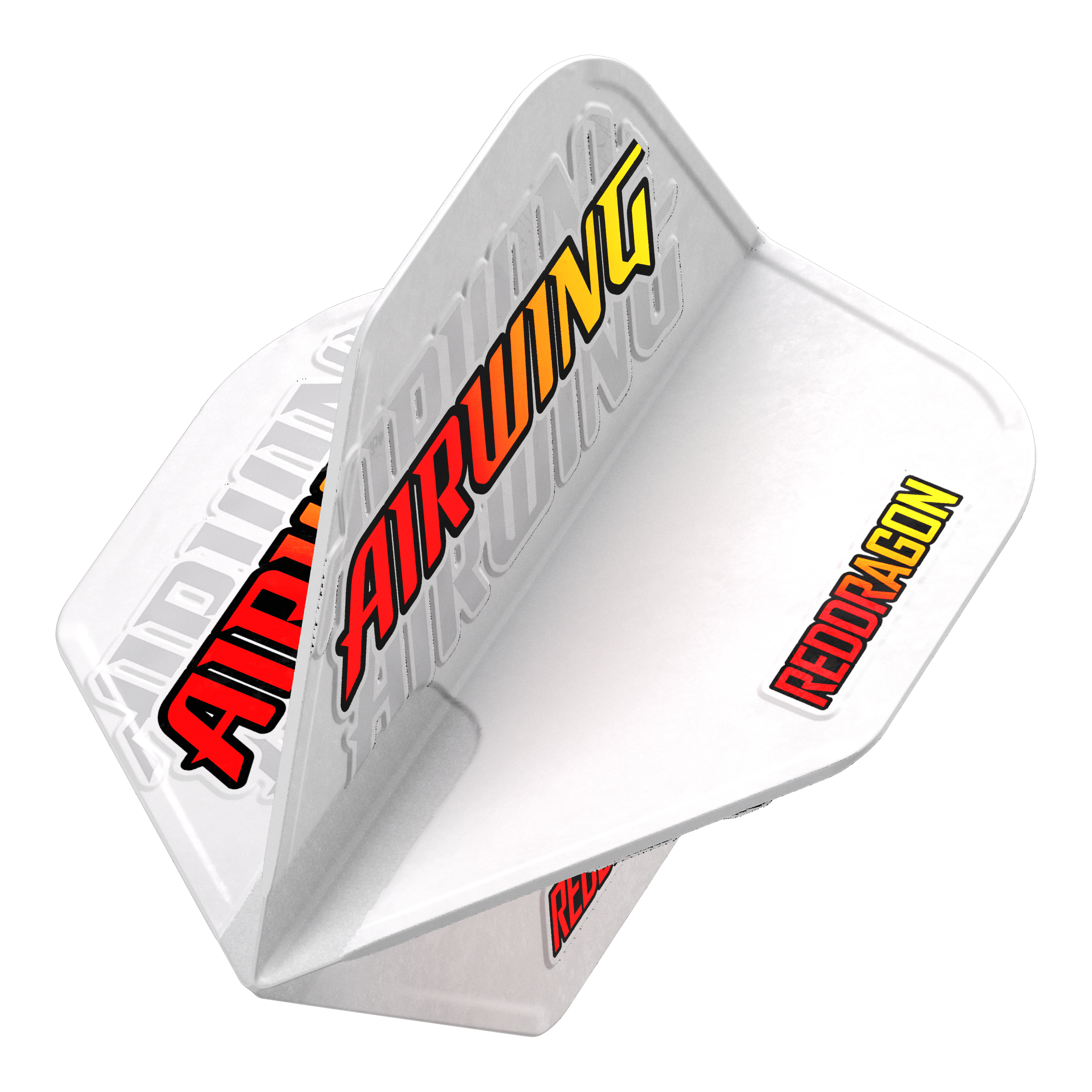Standardní lety Red Dragon Airwing s červeným logem Das Bild zeigt das Produkt "Red Dragon Airwing Red Logo Standard Flights" für Darts. Die Flights sind weiß mit den auffälligen Schriftzügen "AIRWING" und "REDDRAGON" in rot und gelb.