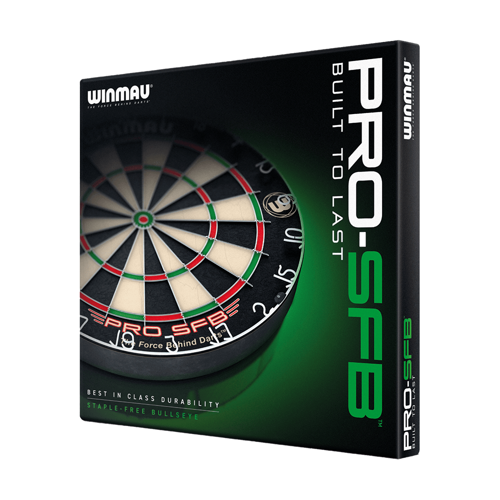 1602_Winmau_Pro_SFB_Dartboard_5KqWrhRcLLrQd4 Das Bild zeigt die Verpackung des Winmau Pro SFB Dartboards. Auf der Schachtel steht, dass das Dartboard besonders langlebig ist und ein bullseye ohne Klammern hat.