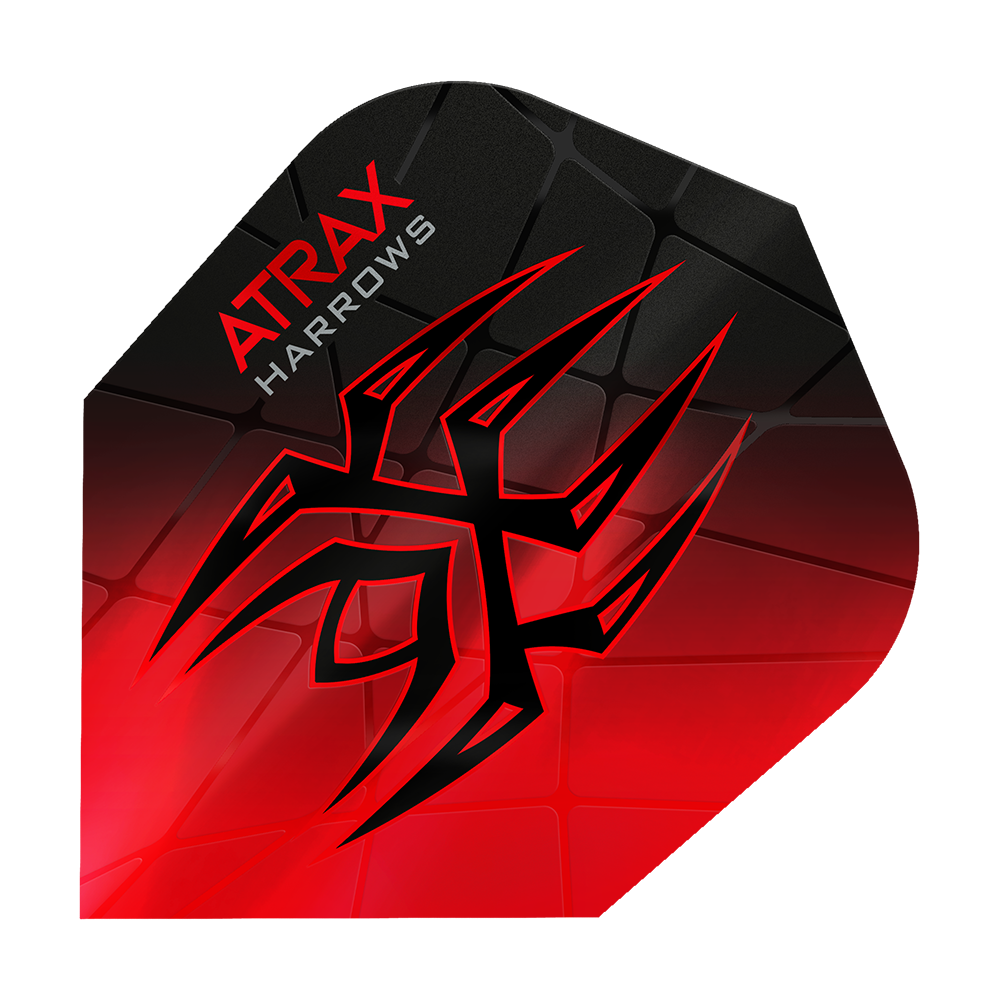 Voli Atrax Prime No6 di Harrow Das Bild zeigt das Produkt "Harrows Atrax Prime No6 Flights" in rot und schwarz. Ein auffälliges Tribal-Muster und die Markenaufschrift sind auf der Dart-Flugfläche zu sehen.