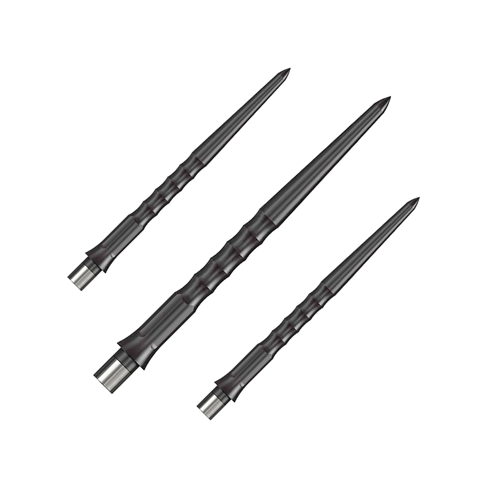 Pointes Caliburn System Steeldart - Ripple - NoLip - Noires Das Bild zeigt drei schwarze Steeldartspitzen mit einer gerippten Oberfläche. Die Spitzen sind schlank und haben eine Länge von 32 mm.