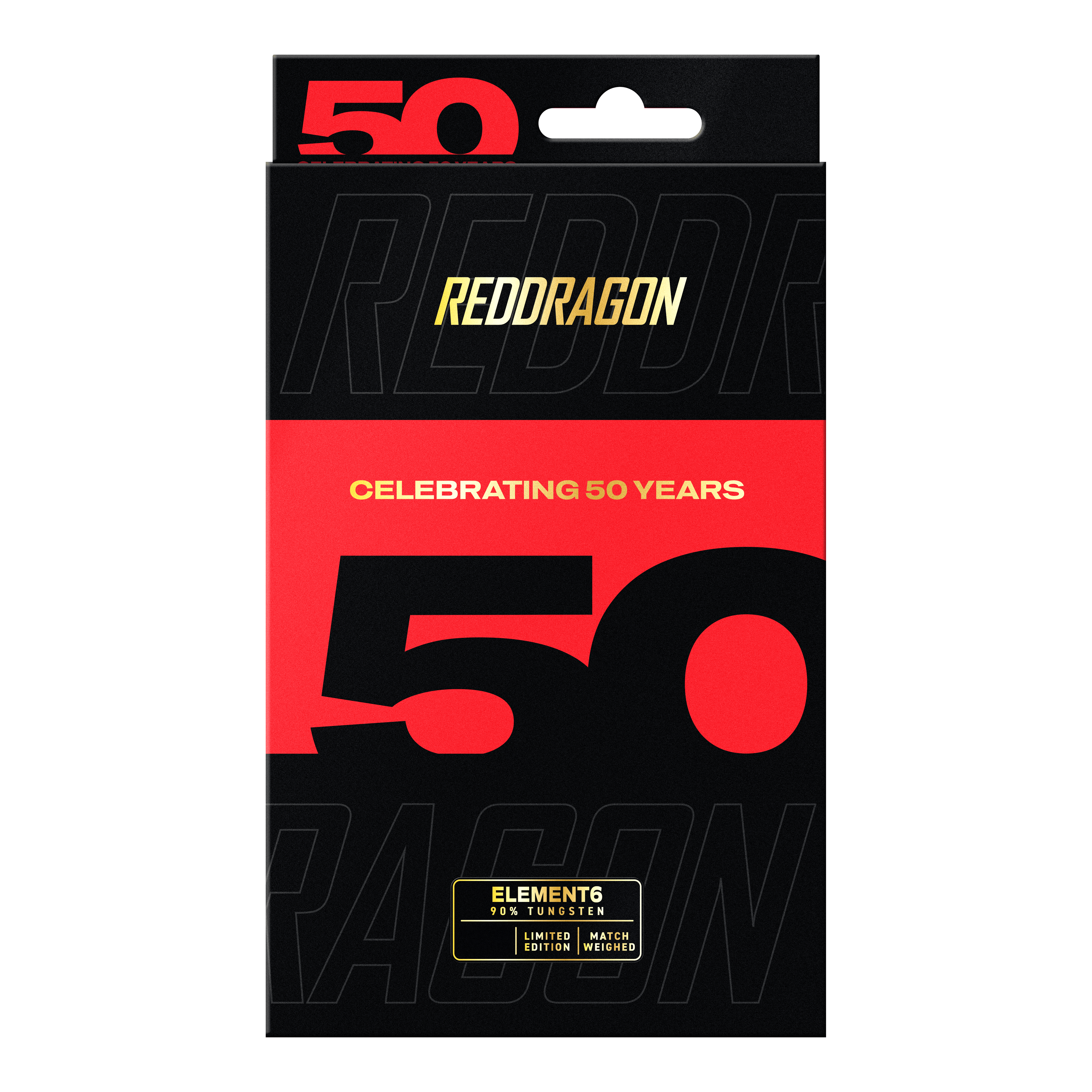 Dardos de acero Red Dragon Element 6 B, colección 50 aniversario - 24 g Die Red Dragon 50 Year Collection Element 6 B Steeldarts - 24g sind aus einer anderen Perspektive zu sehen. Man erkennt die besondere Form und Farbgebung der Darts.