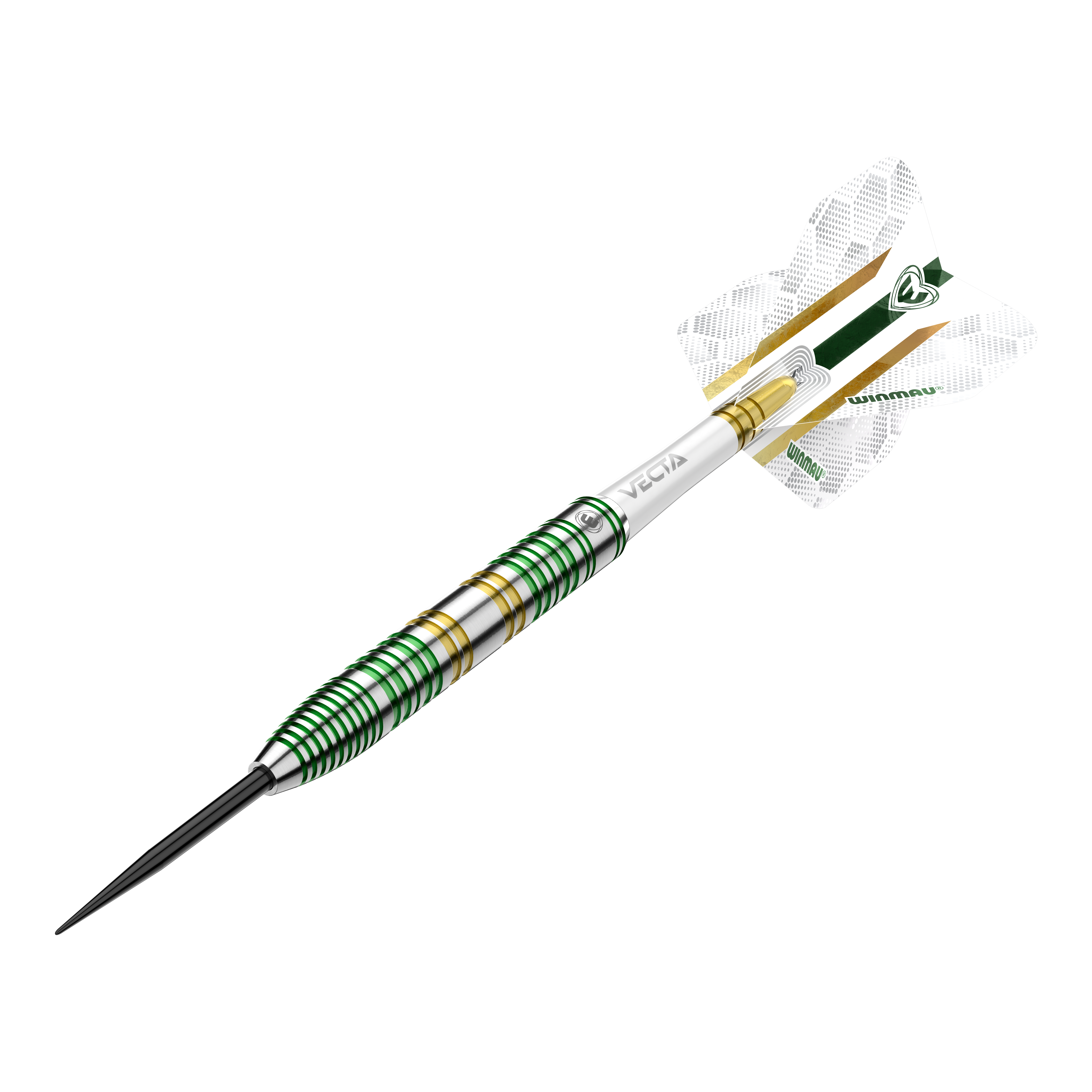 Freccette in acciaio Winmau Xenon Das Bild zeigt einen Winmau Xenon Steeldart. Der Dartpfeil hat ein silbernes Design mit grünen und goldenen Ringen sowie weißen Flights.