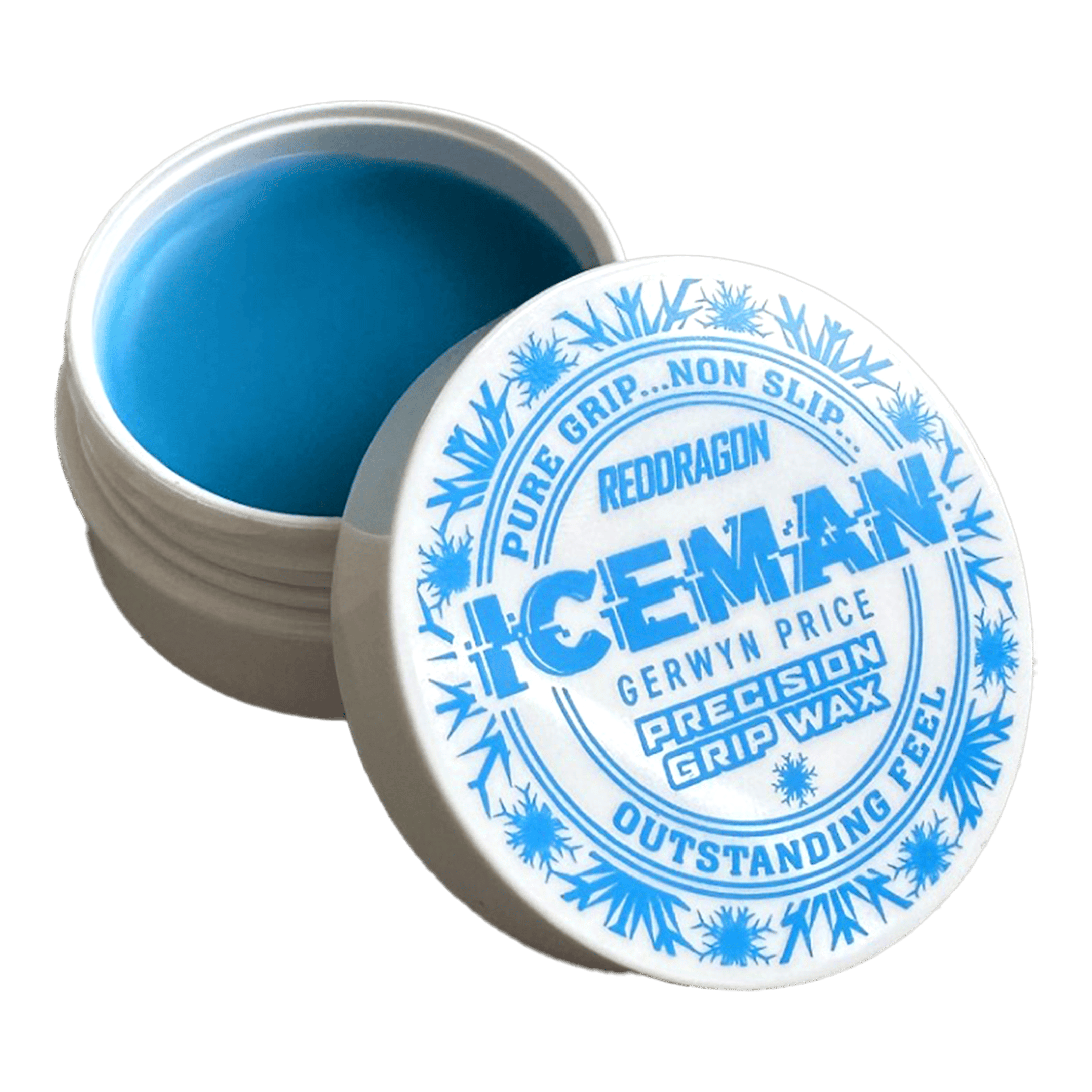 Red Dragon Gerwyn Price Iceman Precision Grip Wax finger wax Das Bild zeigt ein offenes Döschen mit blauem Fingerwachs der Marke "Red Dragon Gerwyn Price Iceman Precision Grip Wax". Auf dem Deckel steht in blauer Schrift, dass das Produkt für reinen Halt, Rutschfestigkeit und hervorragendes Gefühl sorgt.