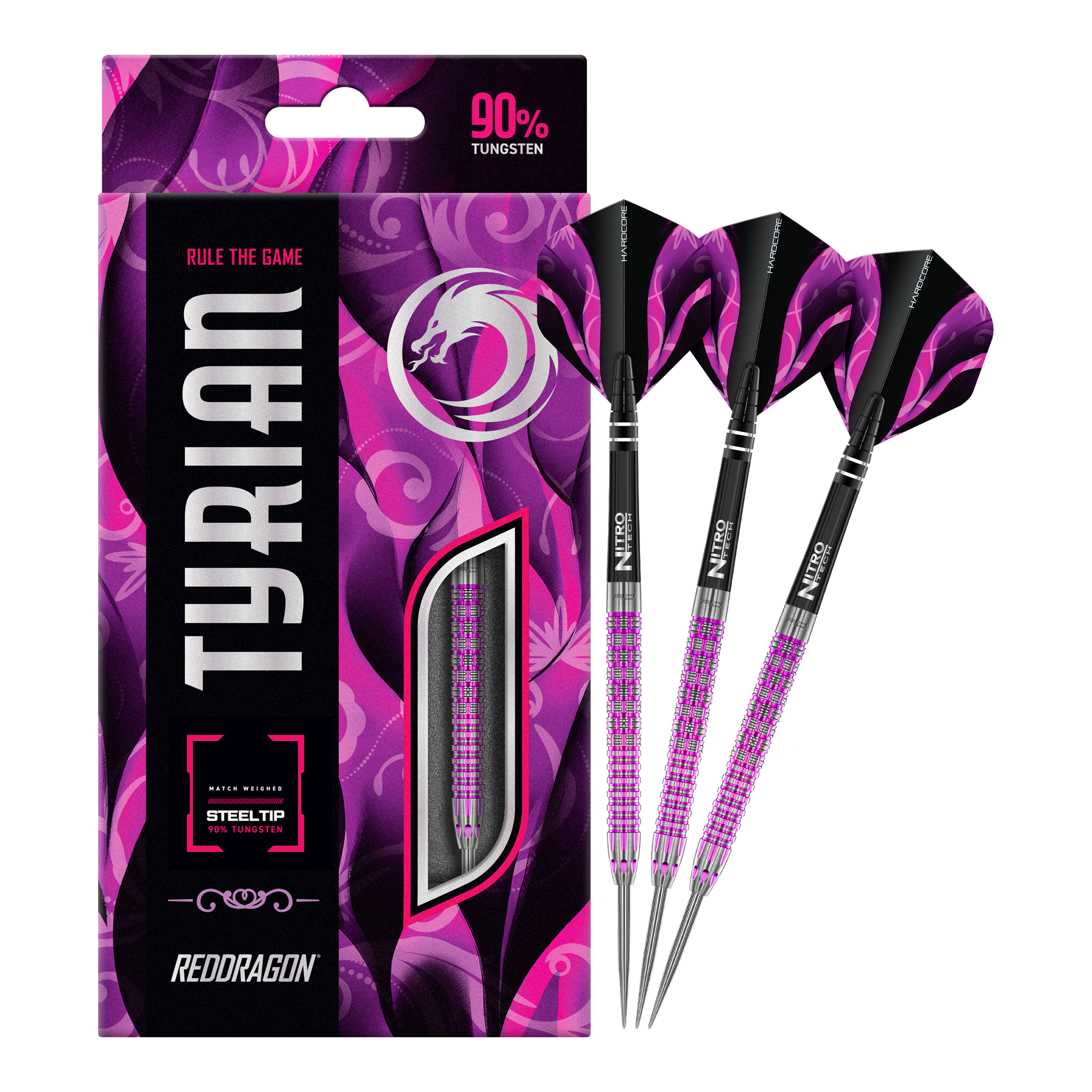 Dardos de acero de Tyrian del Red Dragon Das Bild zeigt die Red Dragon Tyrian Steeldarts mit auffälligem lila und pinkem Design. Die Darts bestehen zu 90% aus Tungsten und sind in einer stilvollen Verpackung präsentiert.