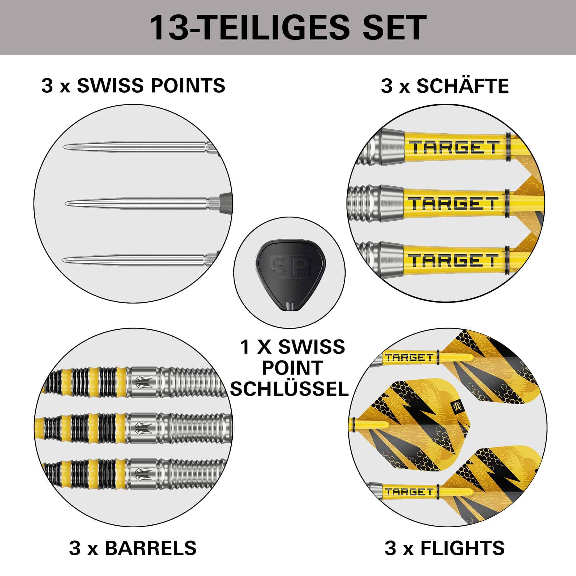 Target Buzz 03 Swiss Points Steeldarts Auf diesem Bild sieht man die Target Buzz 03 Swiss Points Steeldarts. Sie sind für ambitionierte Dartspieler geeignet.