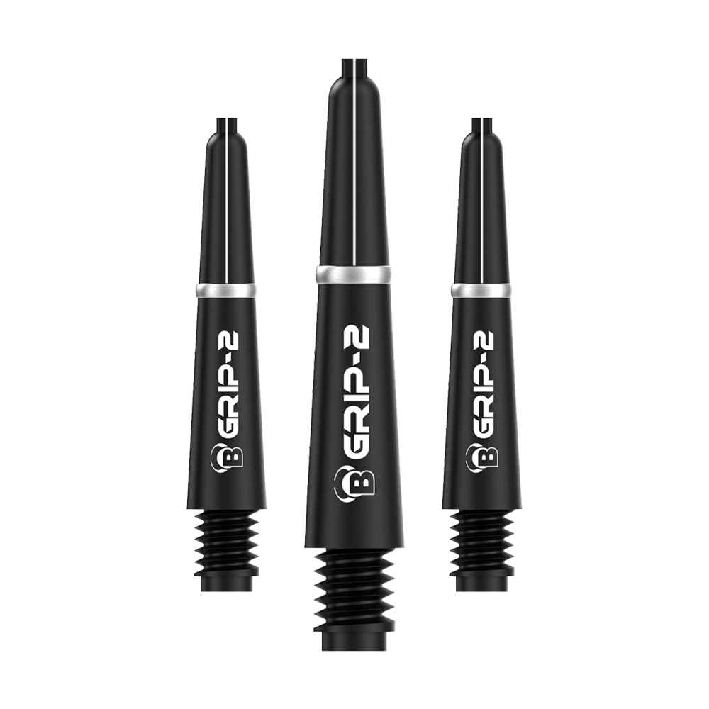 BS55081_Bulls_B-Grip-2_SL_Shafts_Schwarz_28mm_1 Das Bild zeigt drei schwarze Bulls B-Grip-2 SL Shafts für Dartpfeile. Sie sind schlank designt und haben weiße Schriftzüge auf der Vorderseite.
