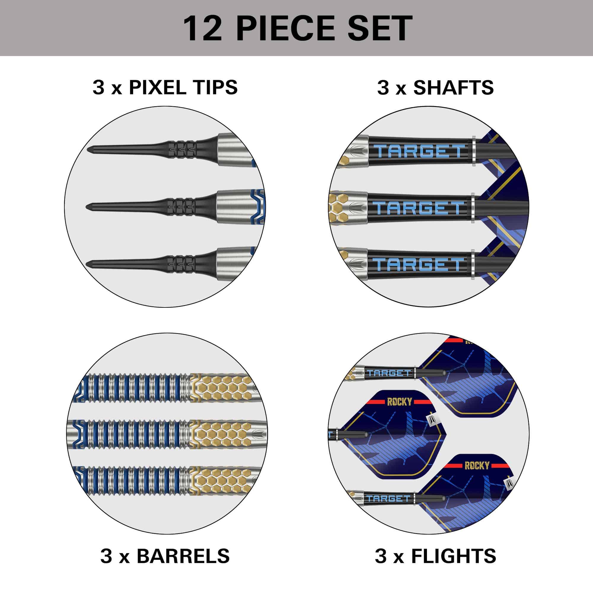 Měkké šipky Target Josh Rock GEN1 - 20g Dieses Bild zeigt das Produkt "Target Josh Rock GEN1 Softdarts - 20g" als 12-teiliges Set. Es enthält 3 Pixel-Spitzen, 3 Schäfte, 3 Barrels und 3 Flights.