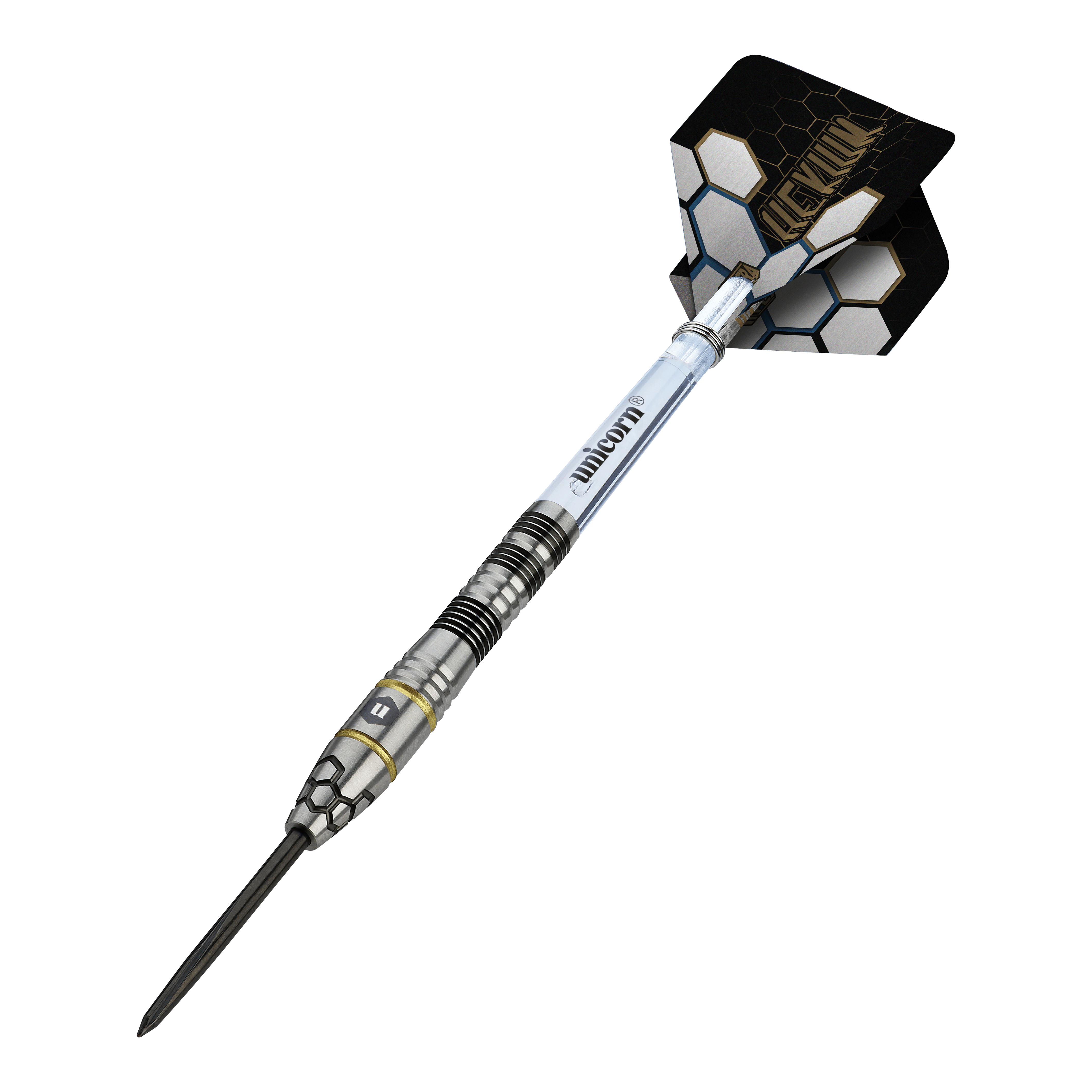 Unicorn Hexium Style 01 Black & Gold Steeldarts Hier sieht man die Unicorn Hexium Style 01 Black & Gold Steeldarts. Die Darts haben eine Kombination aus schwarzen und goldenen Elementen.