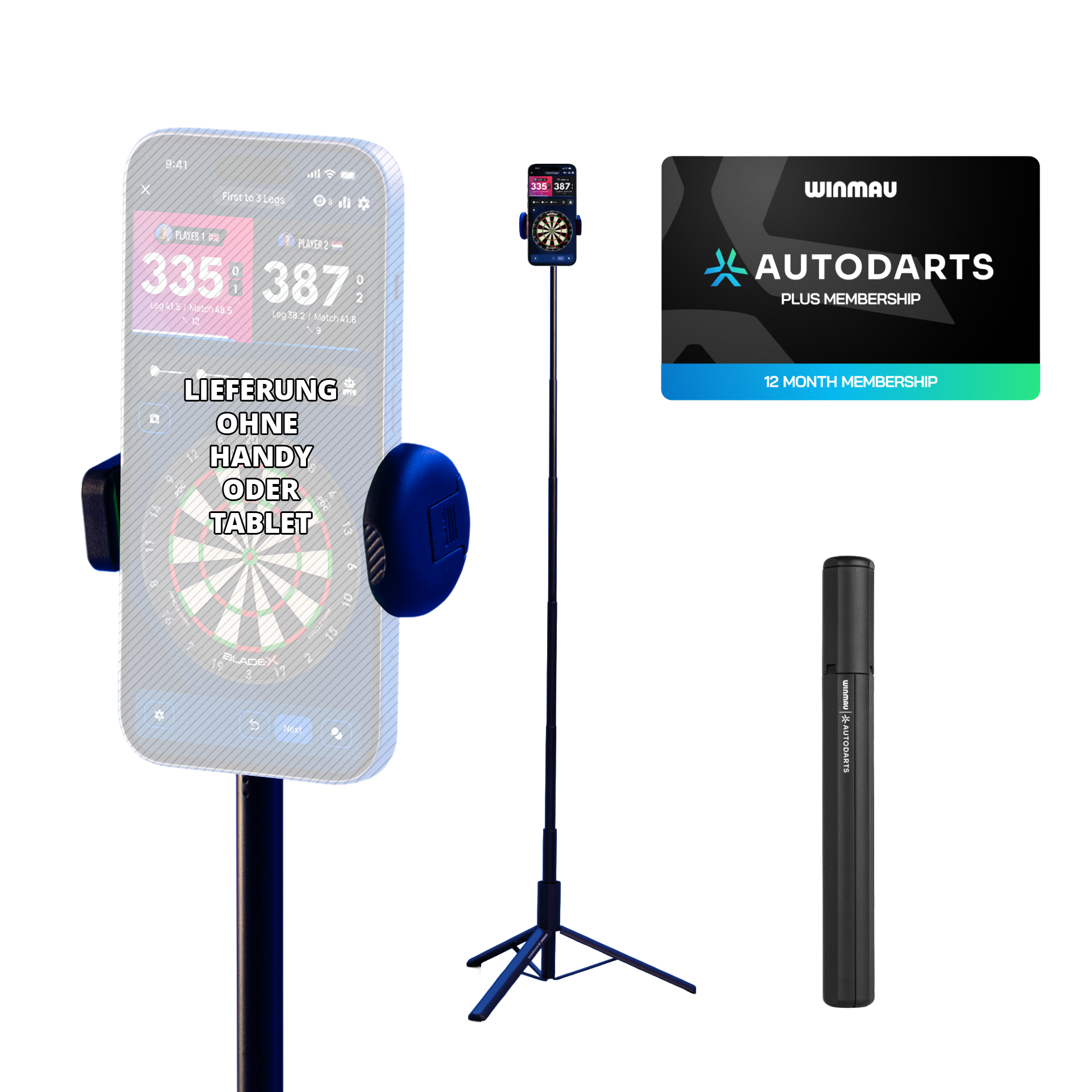 Pacchetto che include supporto per dispositivi Winmau e abbonamento di 12 mesi. Zu sehen ist das Winmau Device Stand & 12 Monate Membership Bundle. Das Set umfasst einen stabilen Geräteständer und eine 12-monatige Mitgliedschaft.